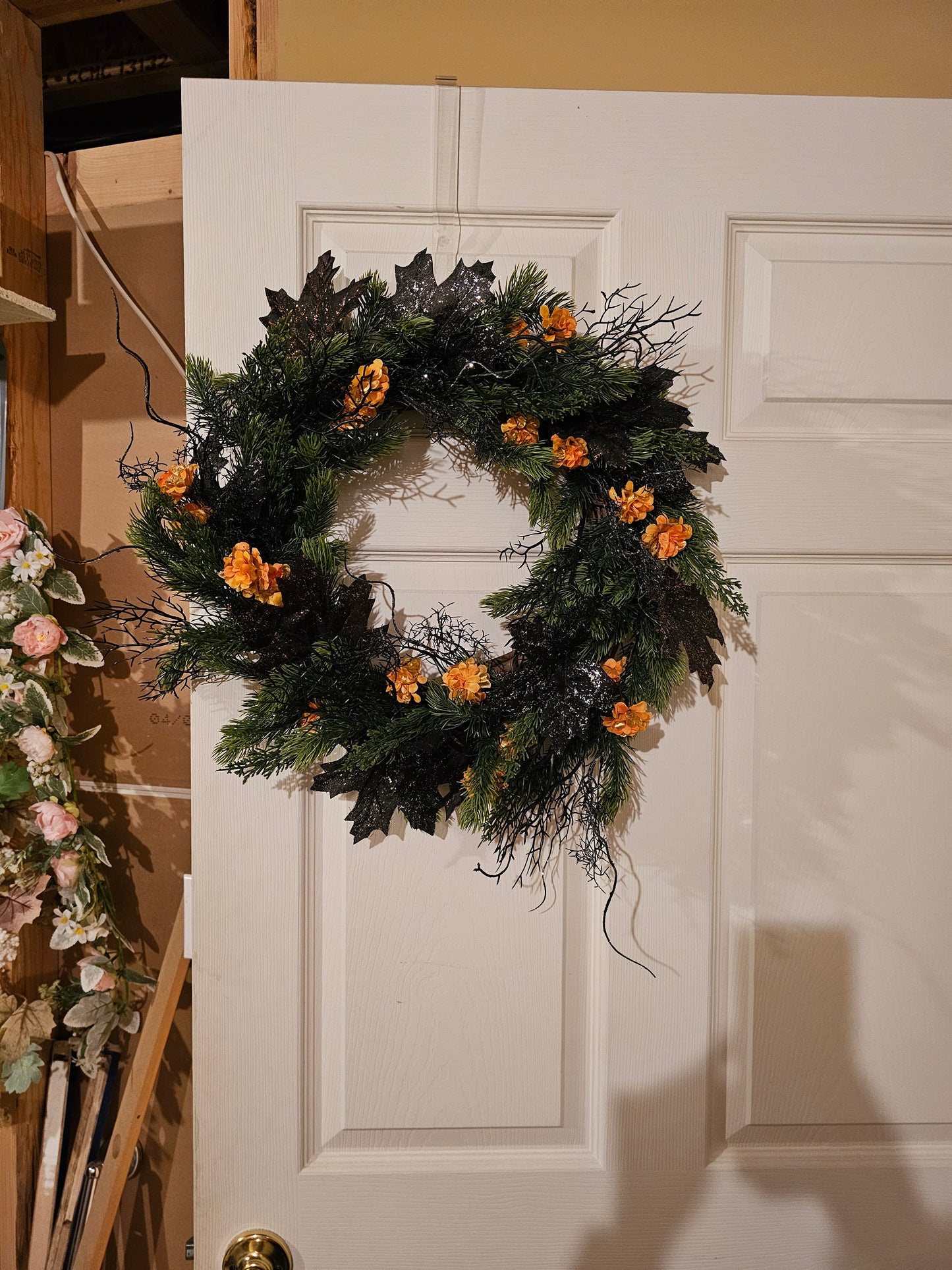 Halloween Wreath with Black Glitter Leaves and Orange Florals, Spooky Gothic Fall Door Décor