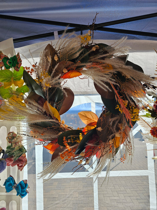 Rustic Pampas Grass Fall Wreath with Autumn Leaves and Natural Accent, Large Farmhouse Front Door Décor