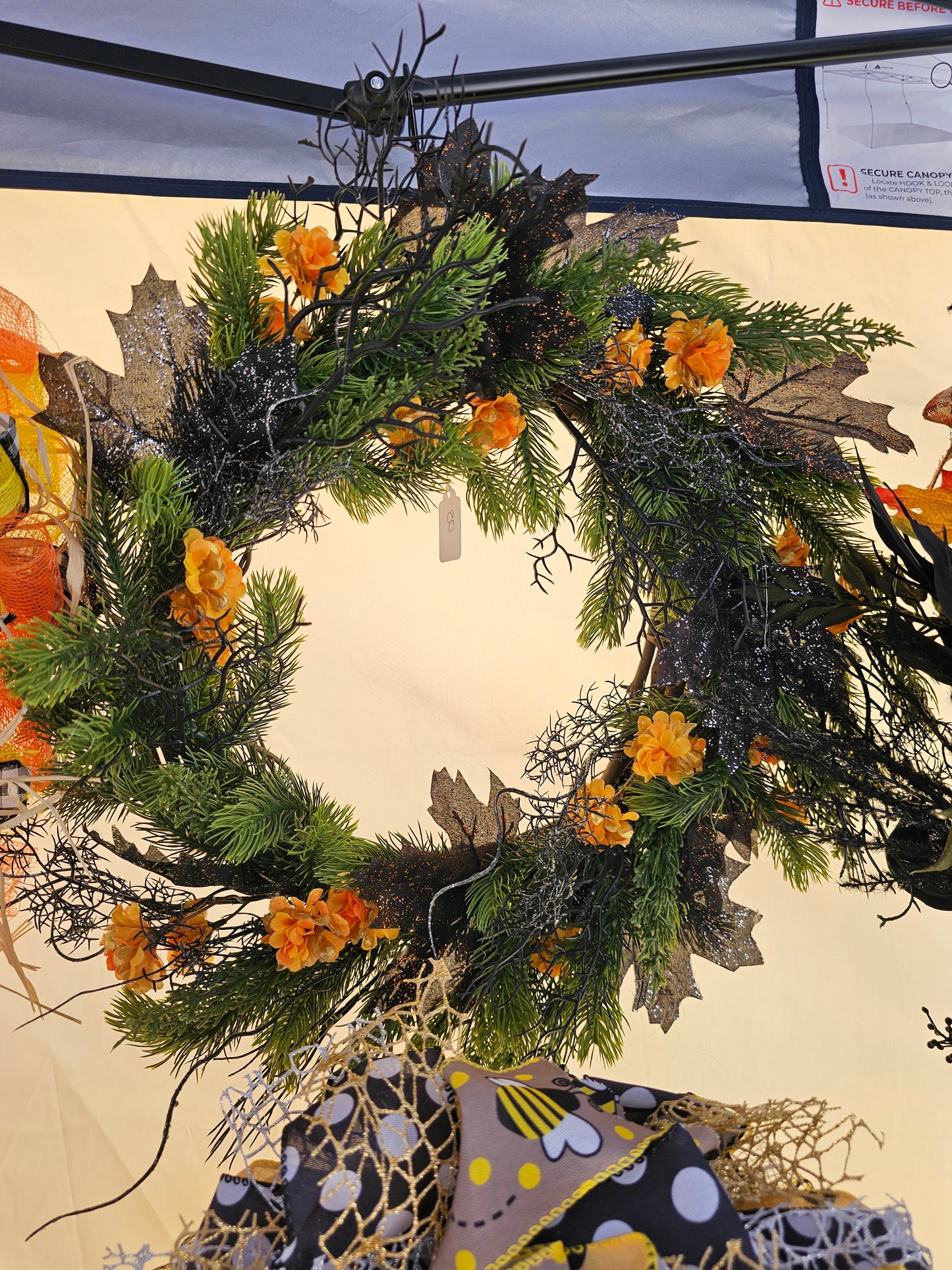 Halloween Wreath with Black Glitter Leaves and Orange Florals, Spooky Gothic Fall Door Décor