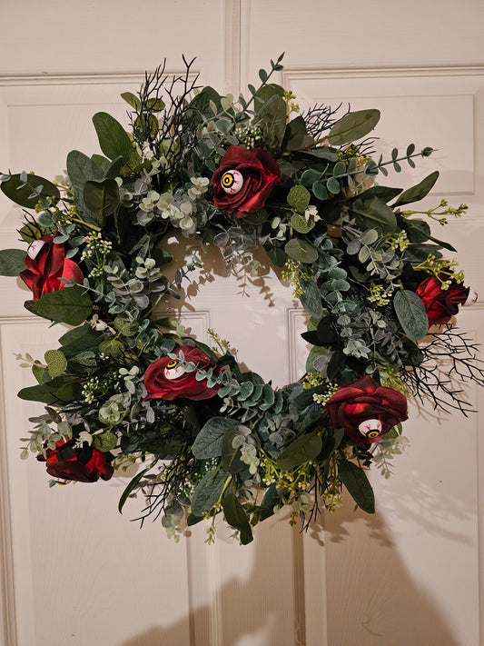Spooky Halloween Wreath with Eyeball Roses, Gothic Front Door Decor, Creepy Haunted House Wreath