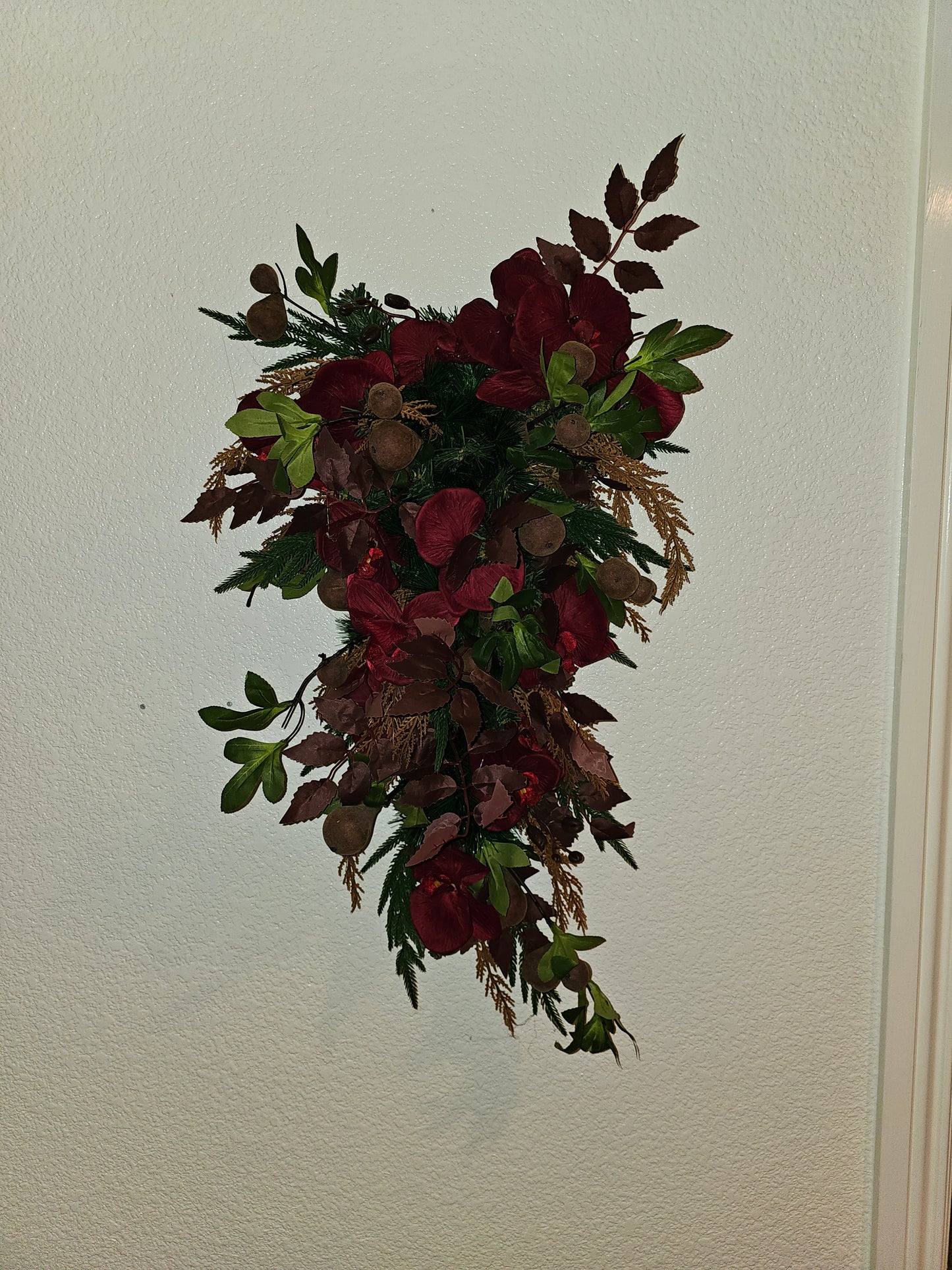 33" Holiday Swag with Burgundy Florals and Figs, Rustic Farmhouse Winter Door Decor, Christmas Teardrop Swag