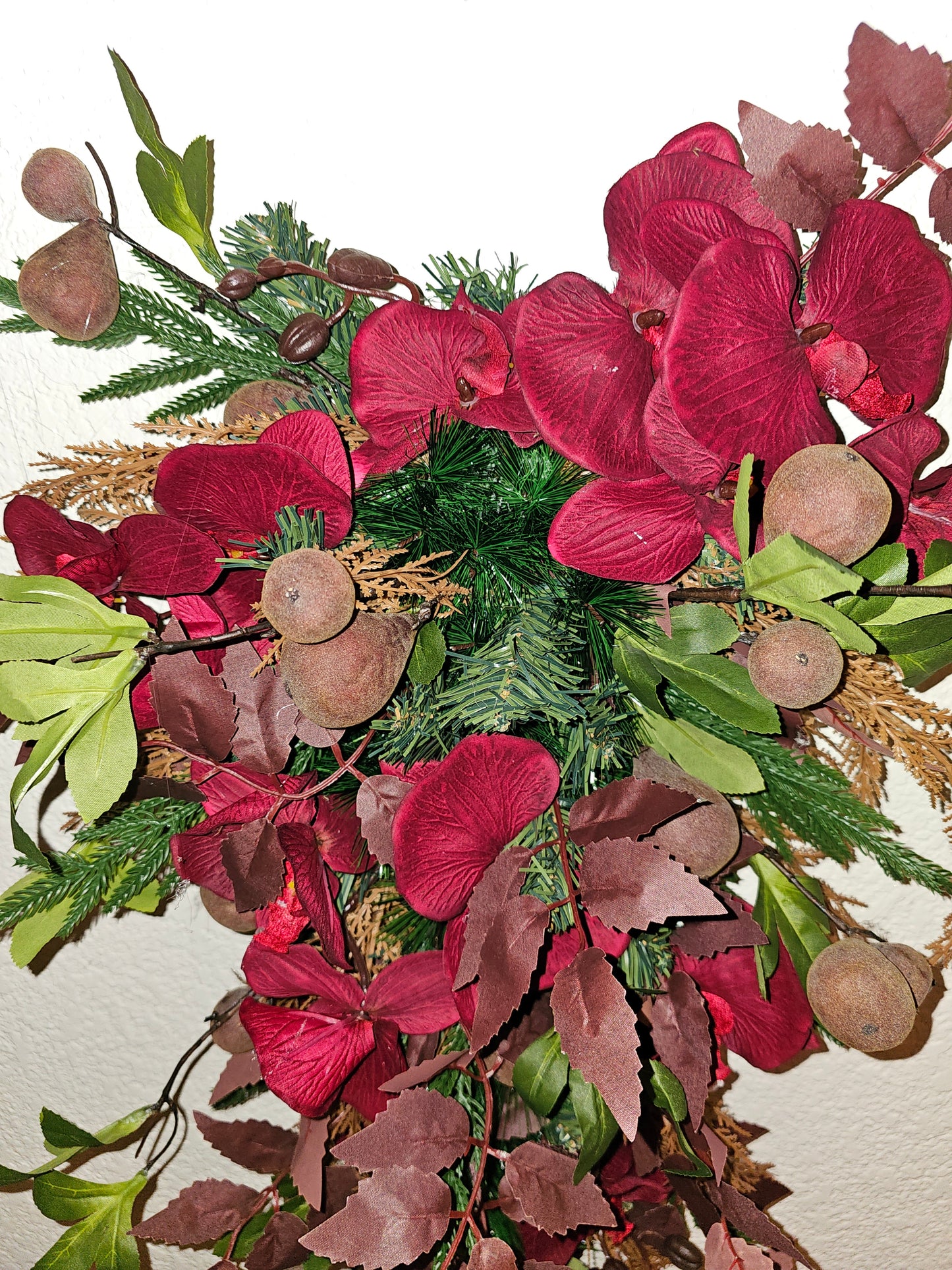 33" Holiday Swag with Burgundy Florals and Figs, Rustic Farmhouse Winter Door Decor, Christmas Teardrop Swag