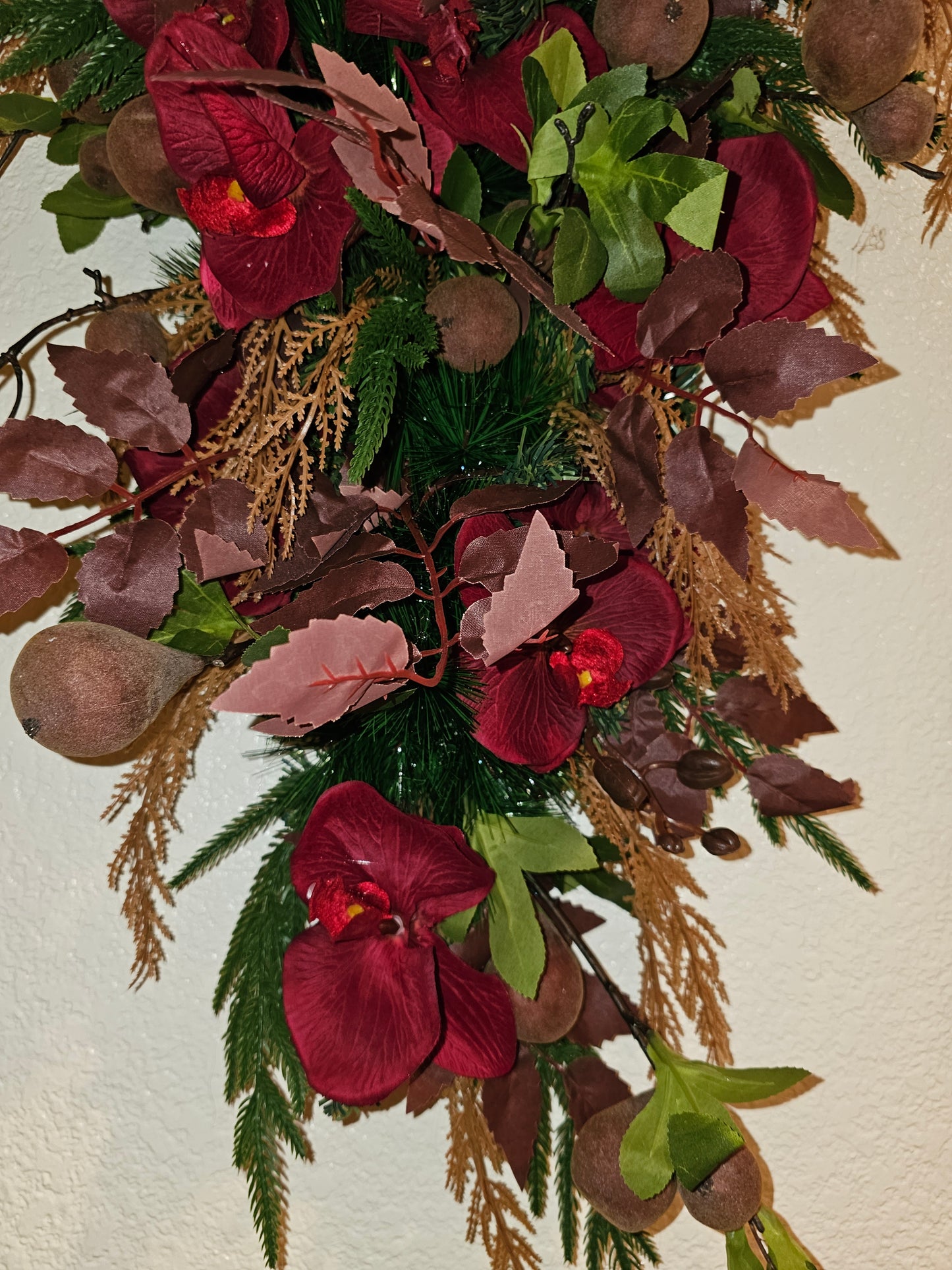 33" Holiday Swag with Burgundy Florals and Figs, Rustic Farmhouse Winter Door Decor, Christmas Teardrop Swag