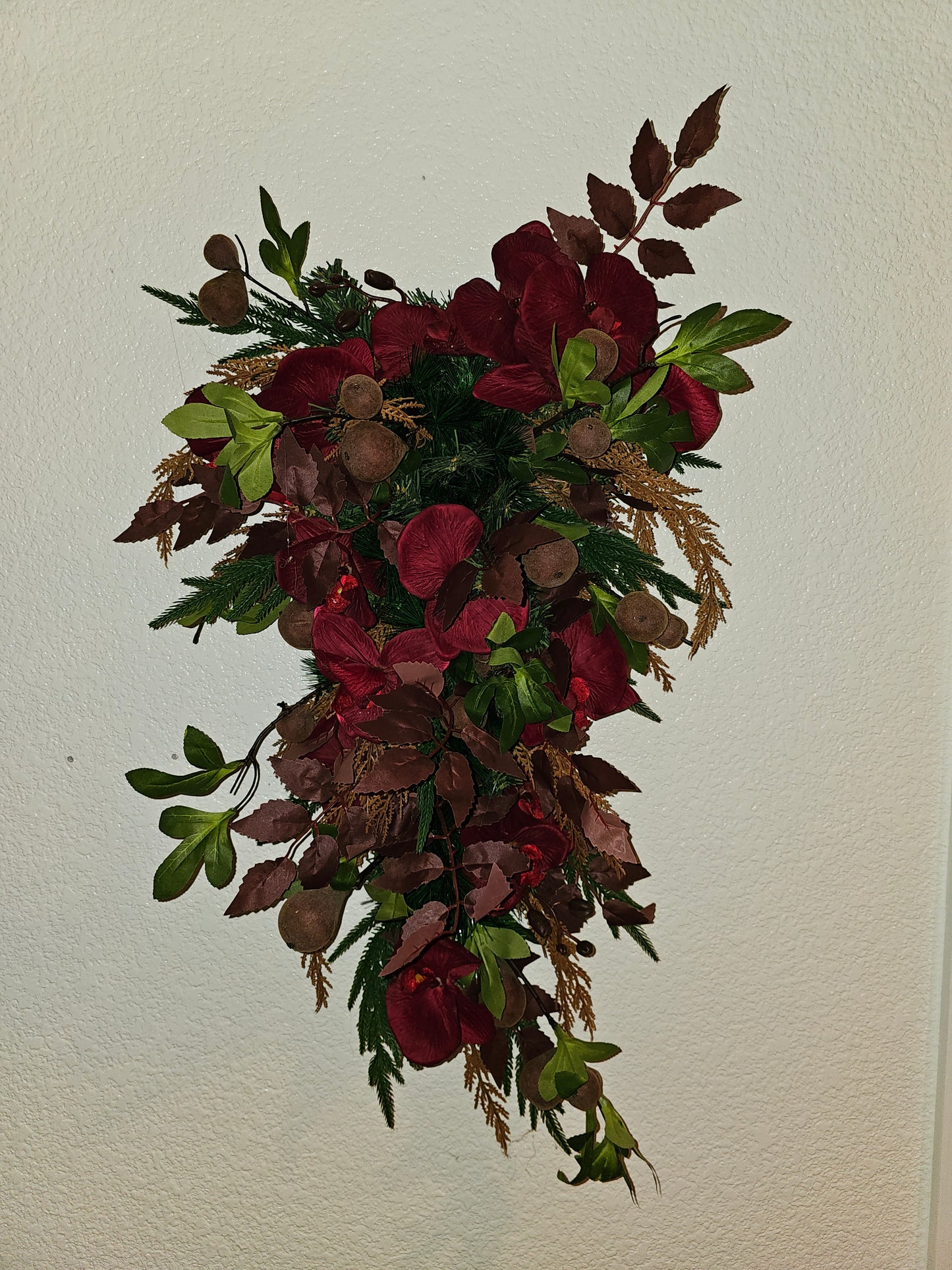 33" Holiday Swag with Burgundy Florals and Figs, Rustic Farmhouse Winter Door Decor, Christmas Teardrop Swag