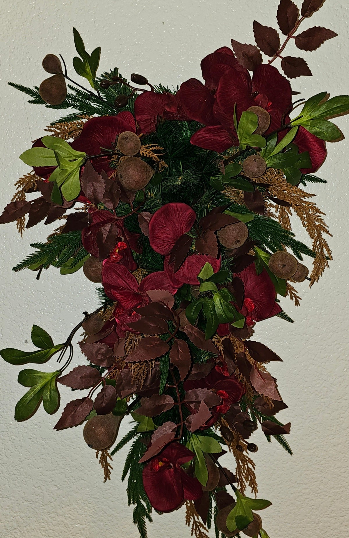 33" Holiday Swag with Burgundy Florals and Figs, Rustic Farmhouse Winter Door Decor, Christmas Teardrop Swag