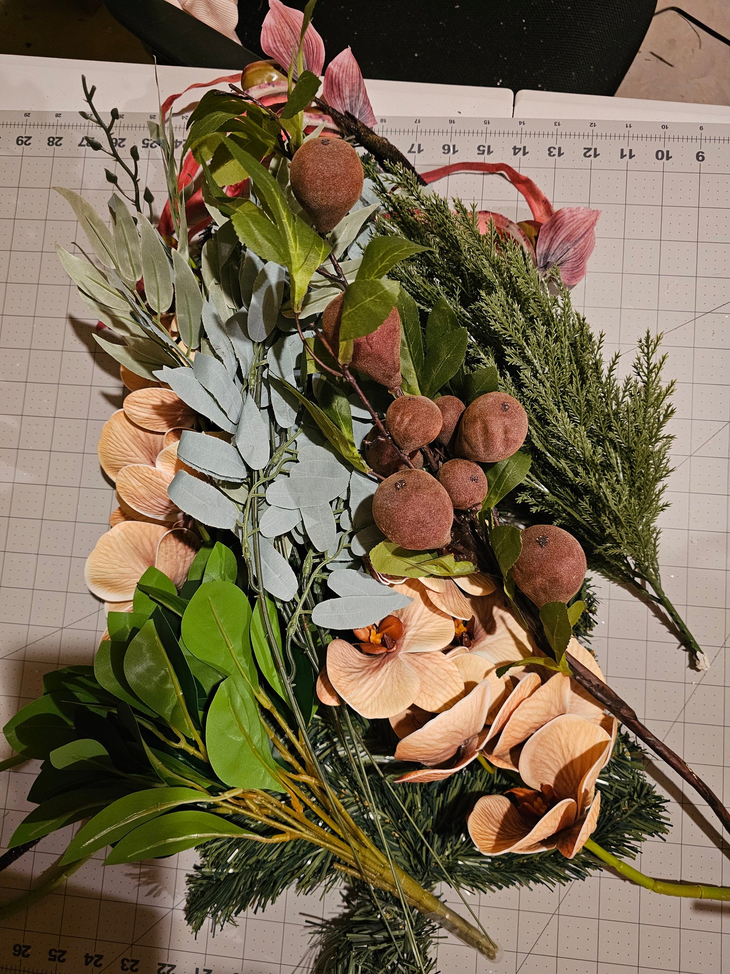 28" Holiday Swag with Orchids, Figs and Gold Ribbon, Elegant Farmhouse Christmas Door Swag, Winter Teardrop Decor