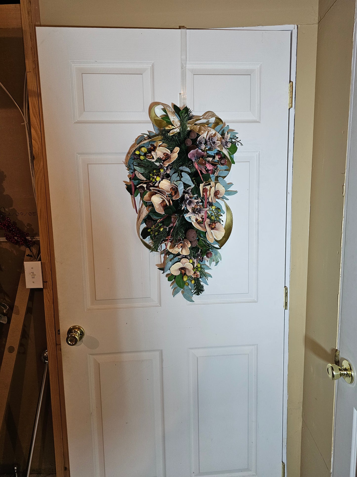 28" Holiday Swag with Orchids, Figs and Gold Ribbon, Elegant Farmhouse Christmas Door Swag, Winter Teardrop Decor
