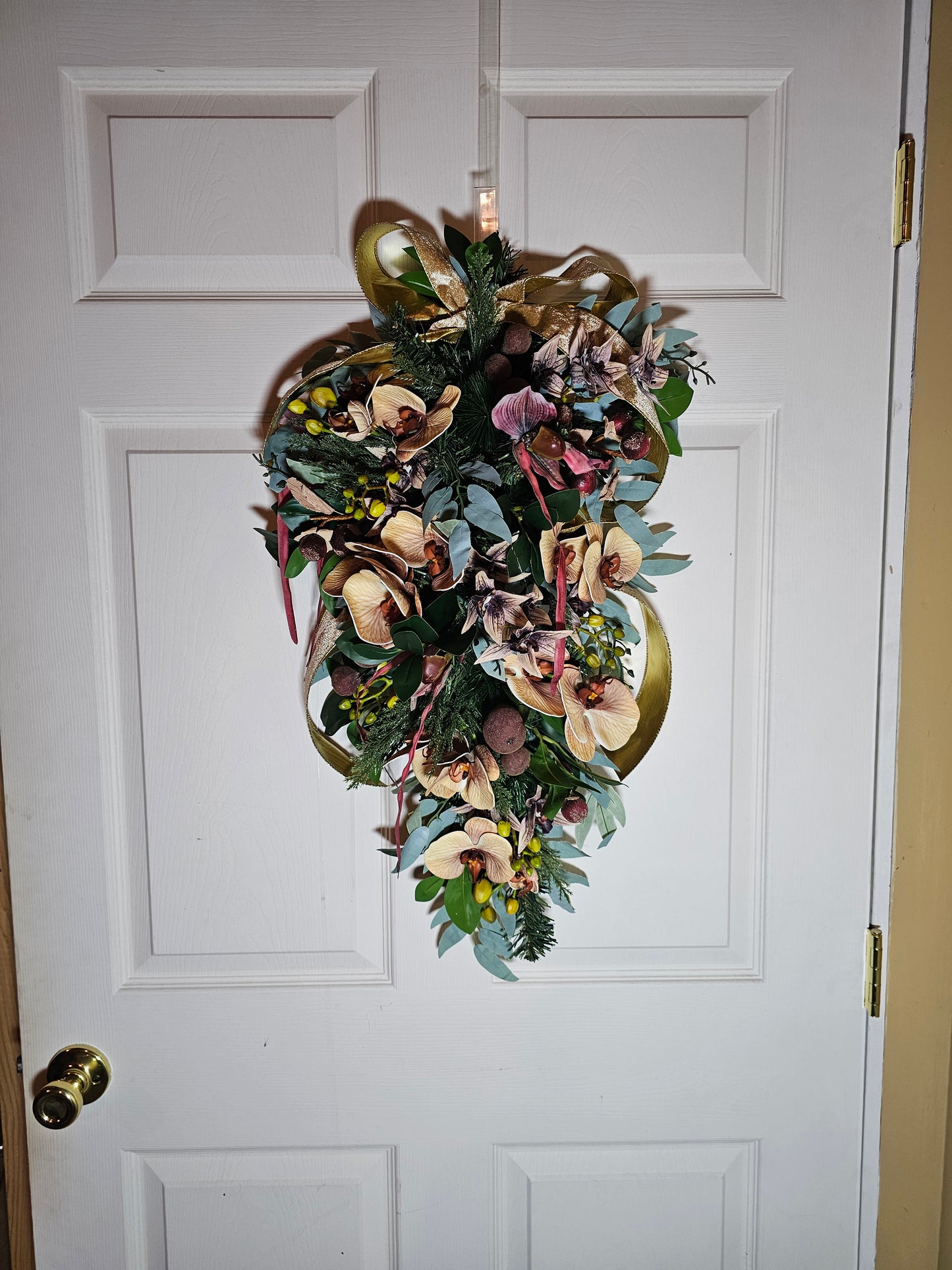28" Holiday Swag with Orchids, Figs and Gold Ribbon, Elegant Farmhouse Christmas Door Swag, Winter Teardrop Decor