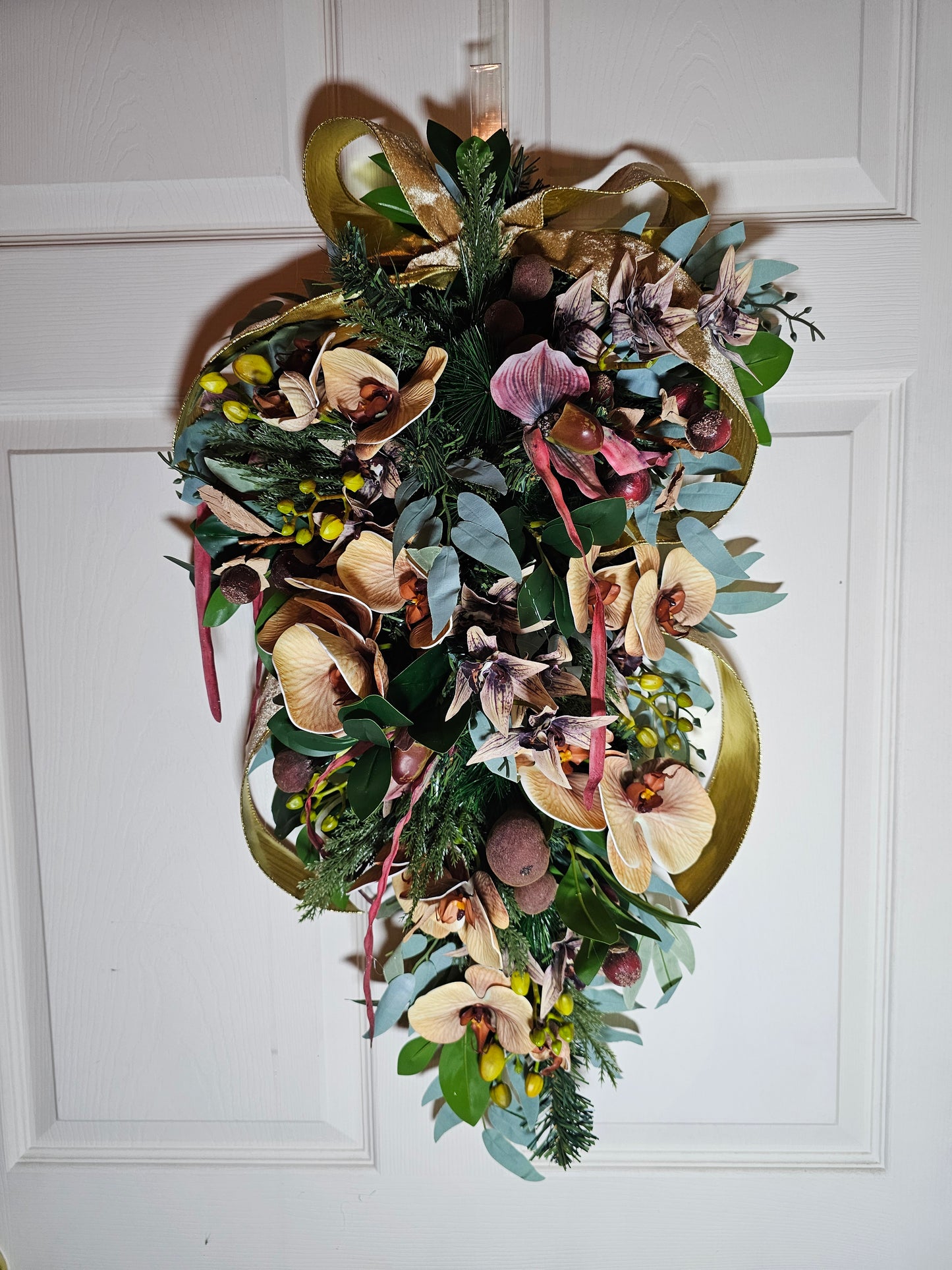28" Holiday Swag with Orchids, Figs and Gold Ribbon, Elegant Farmhouse Christmas Door Swag, Winter Teardrop Decor