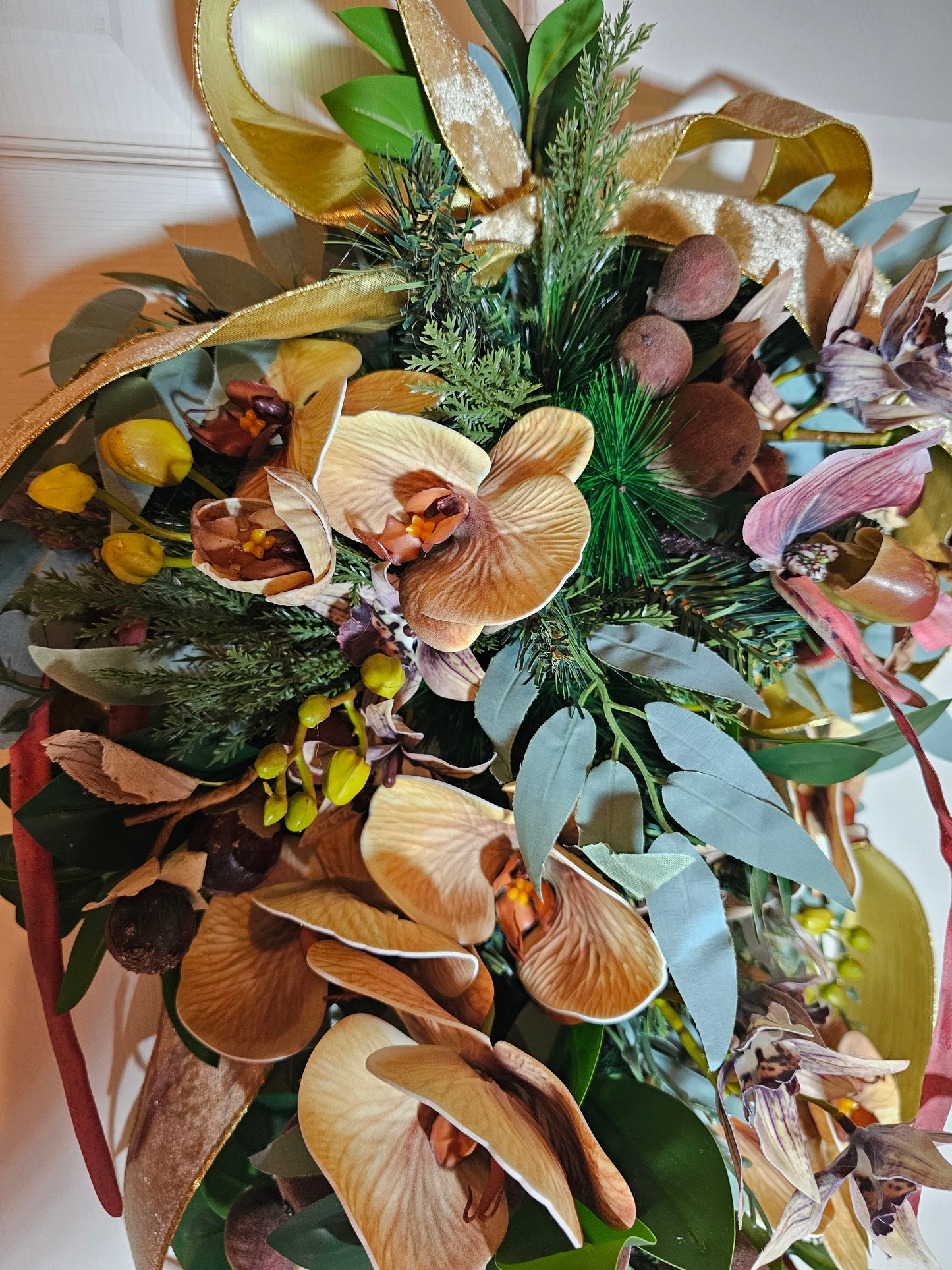 28" Holiday Swag with Orchids, Figs and Gold Ribbon, Elegant Farmhouse Christmas Door Swag, Winter Teardrop Decor