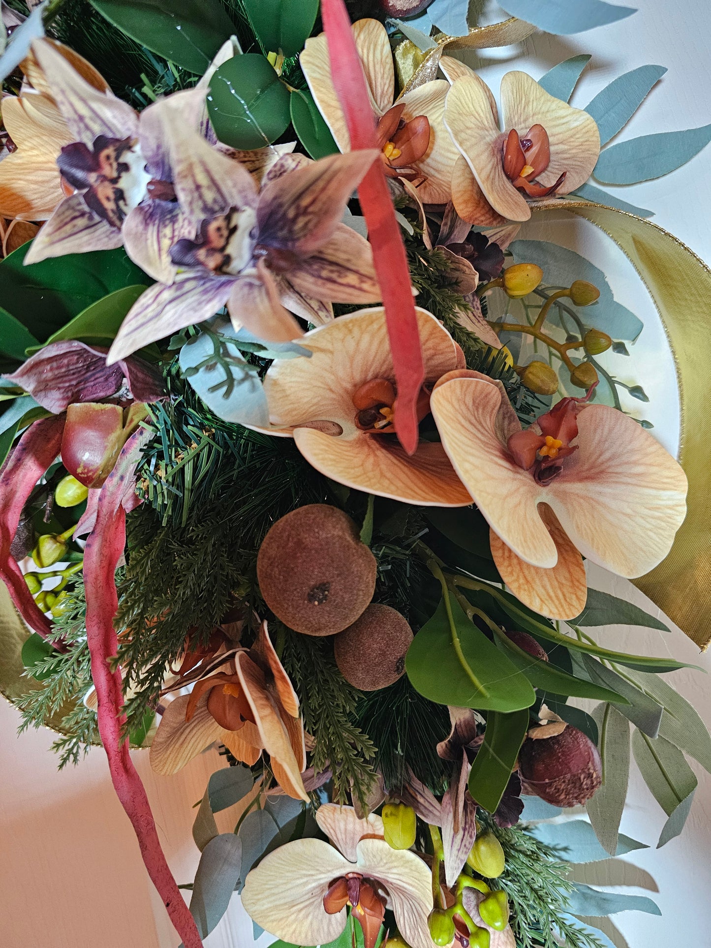 28" Holiday Swag with Orchids, Figs and Gold Ribbon, Elegant Farmhouse Christmas Door Swag, Winter Teardrop Decor
