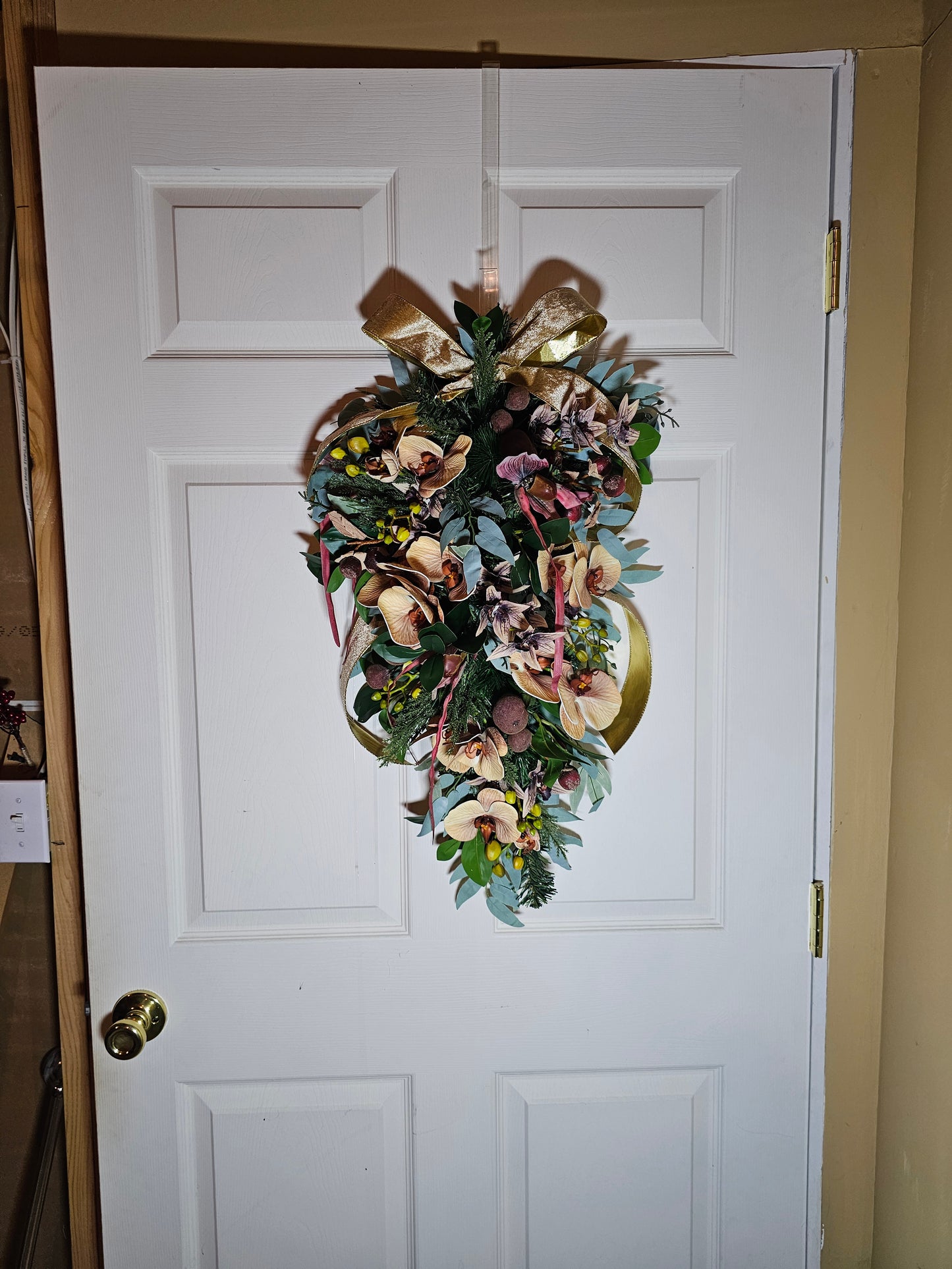 28" Holiday Swag with Orchids, Figs and Gold Ribbon, Elegant Farmhouse Christmas Door Swag, Winter Teardrop Decor