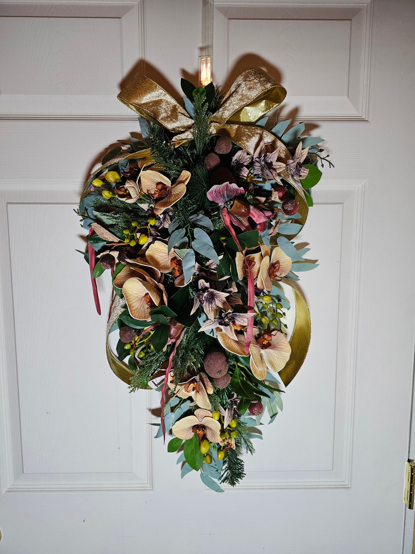 28" Holiday Swag with Orchids, Figs and Gold Ribbon, Elegant Farmhouse Christmas Door Swag, Winter Teardrop Decor