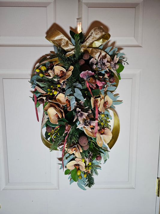 28" Holiday Swag with Orchids, Figs and Gold Ribbon, Elegant Farmhouse Christmas Door Swag, Winter Teardrop Decor