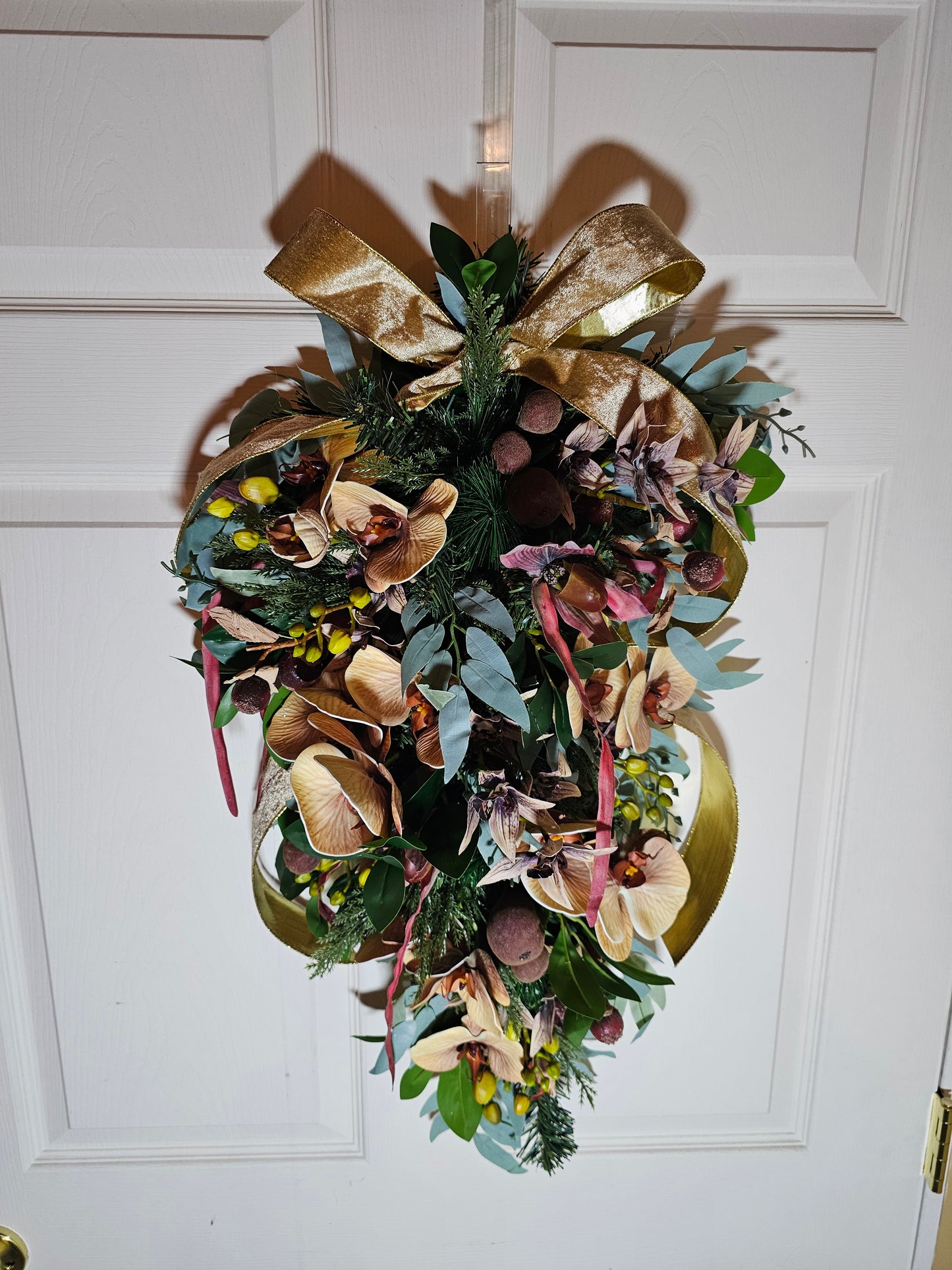 28" Holiday Swag with Orchids, Figs and Gold Ribbon, Elegant Farmhouse Christmas Door Swag, Winter Teardrop Decor