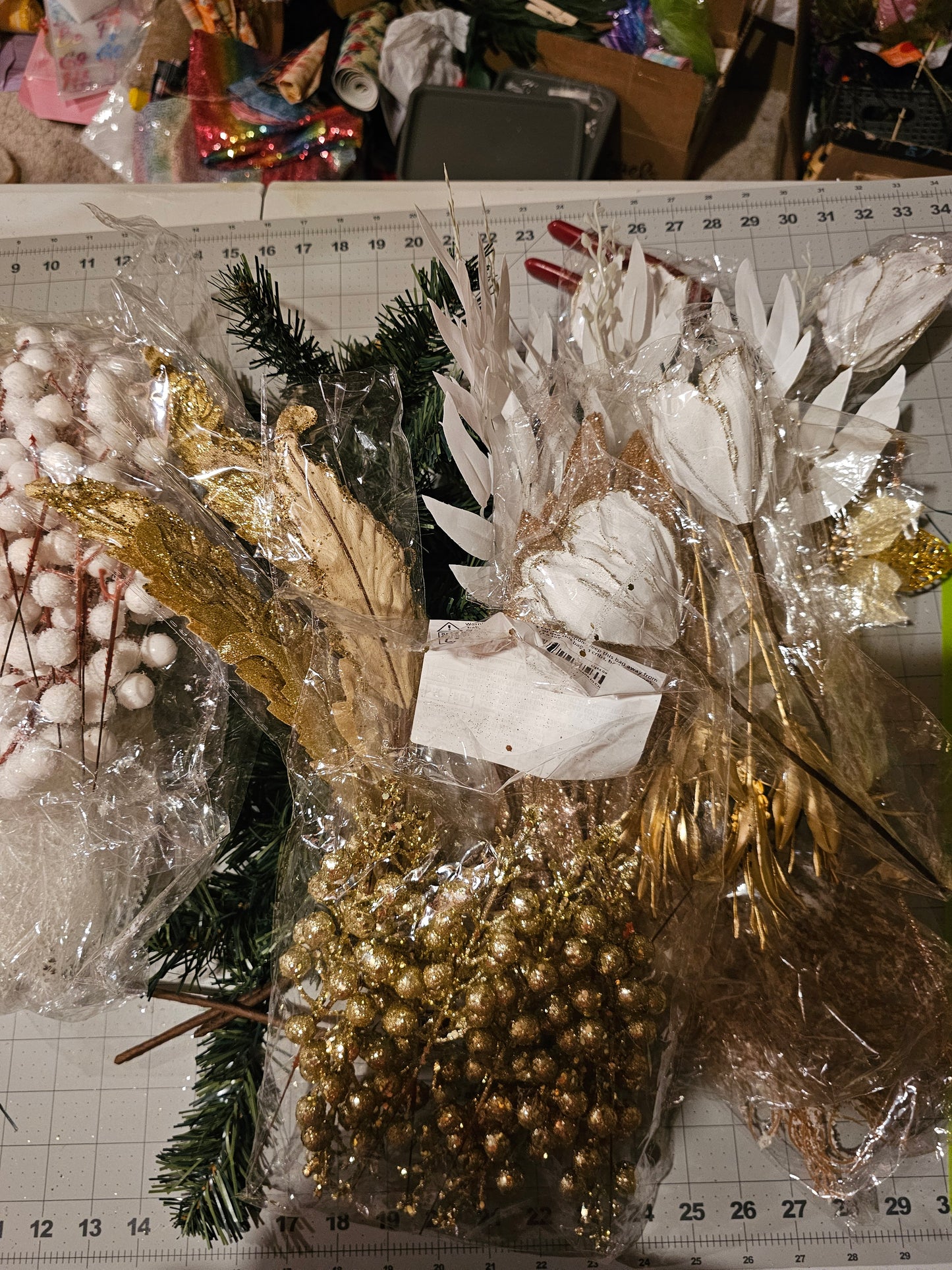 Elegant 30–33" Holiday Swag, Gold & White Christmas Door Swag, Winter Floral Décor with Glitter Accents