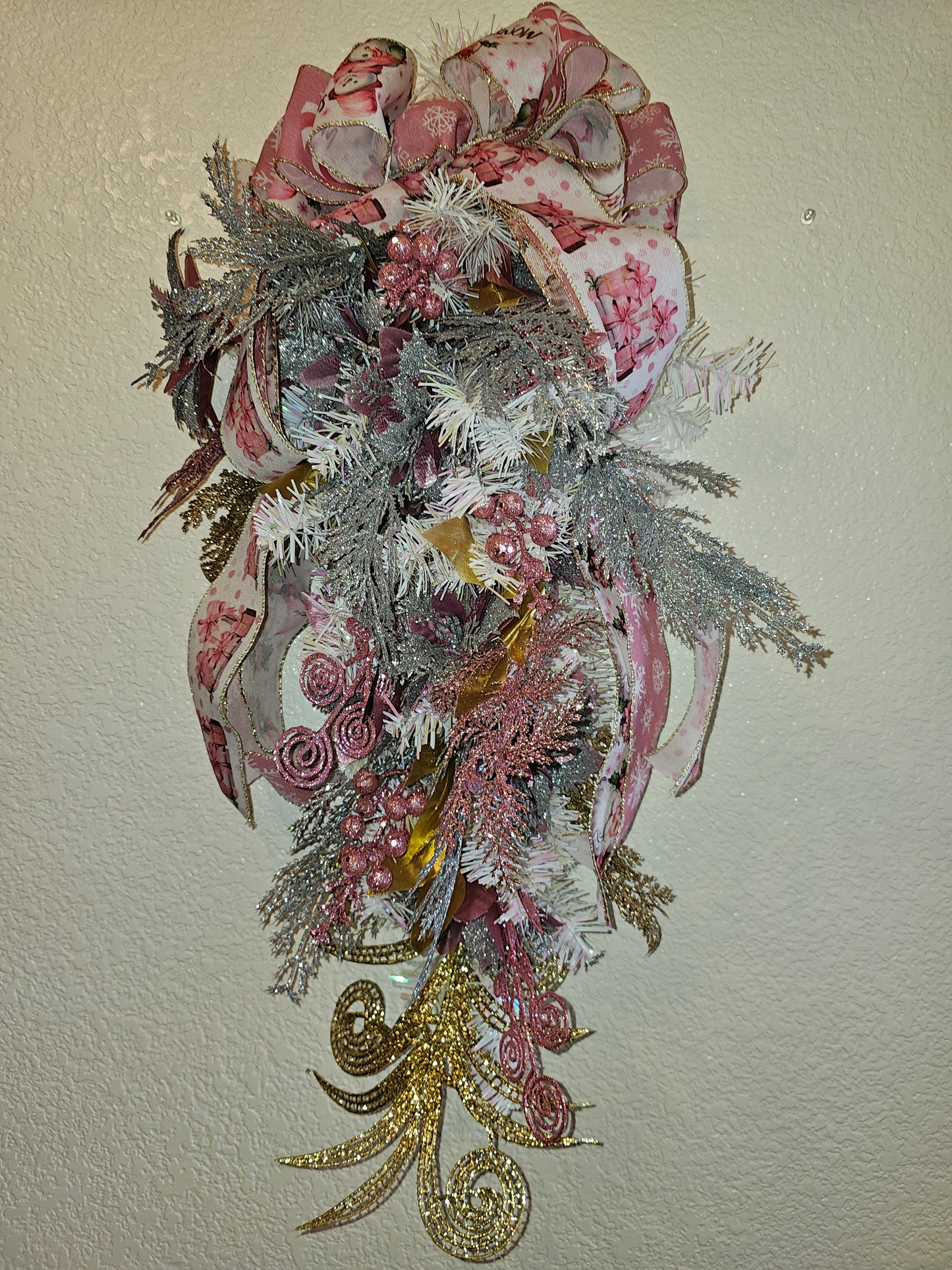 Pink and Silver Christmas Swag, Frosted Holiday Teardrop with Glitter Accents and Bow, Elegant Winter Door Decor