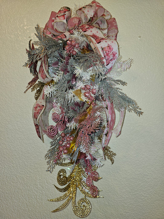 Pink and Silver Christmas Swag, Frosted Holiday Teardrop with Glitter Accents and Bow, Elegant Winter Door Decor
