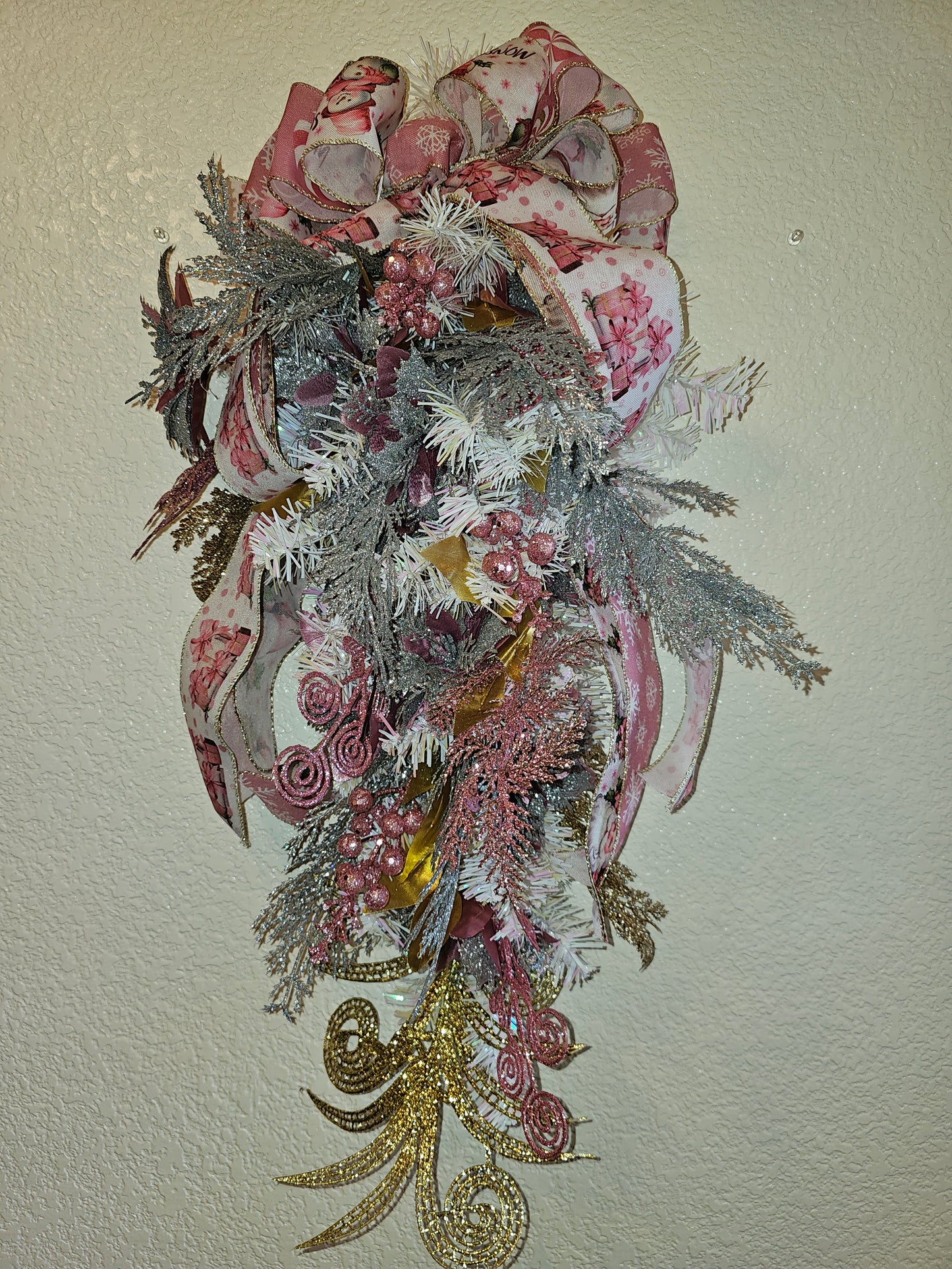 Pink and Silver Christmas Swag, Frosted Holiday Teardrop with Glitter Accents and Bow, Elegant Winter Door Decor