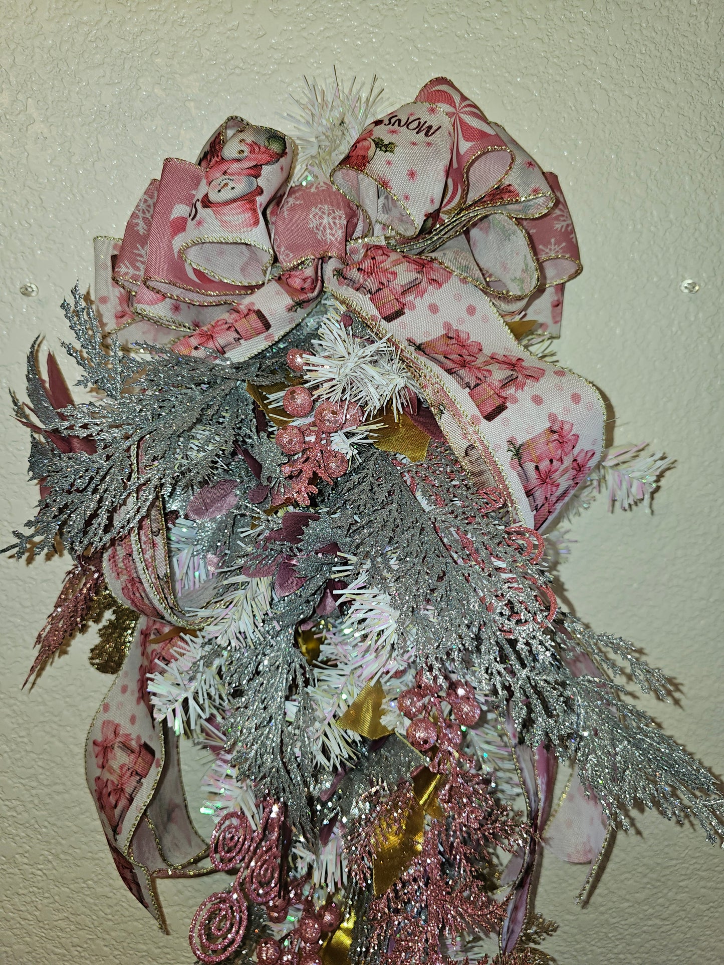 Pink and Silver Christmas Swag, Frosted Holiday Teardrop with Glitter Accents and Bow, Elegant Winter Door Decor
