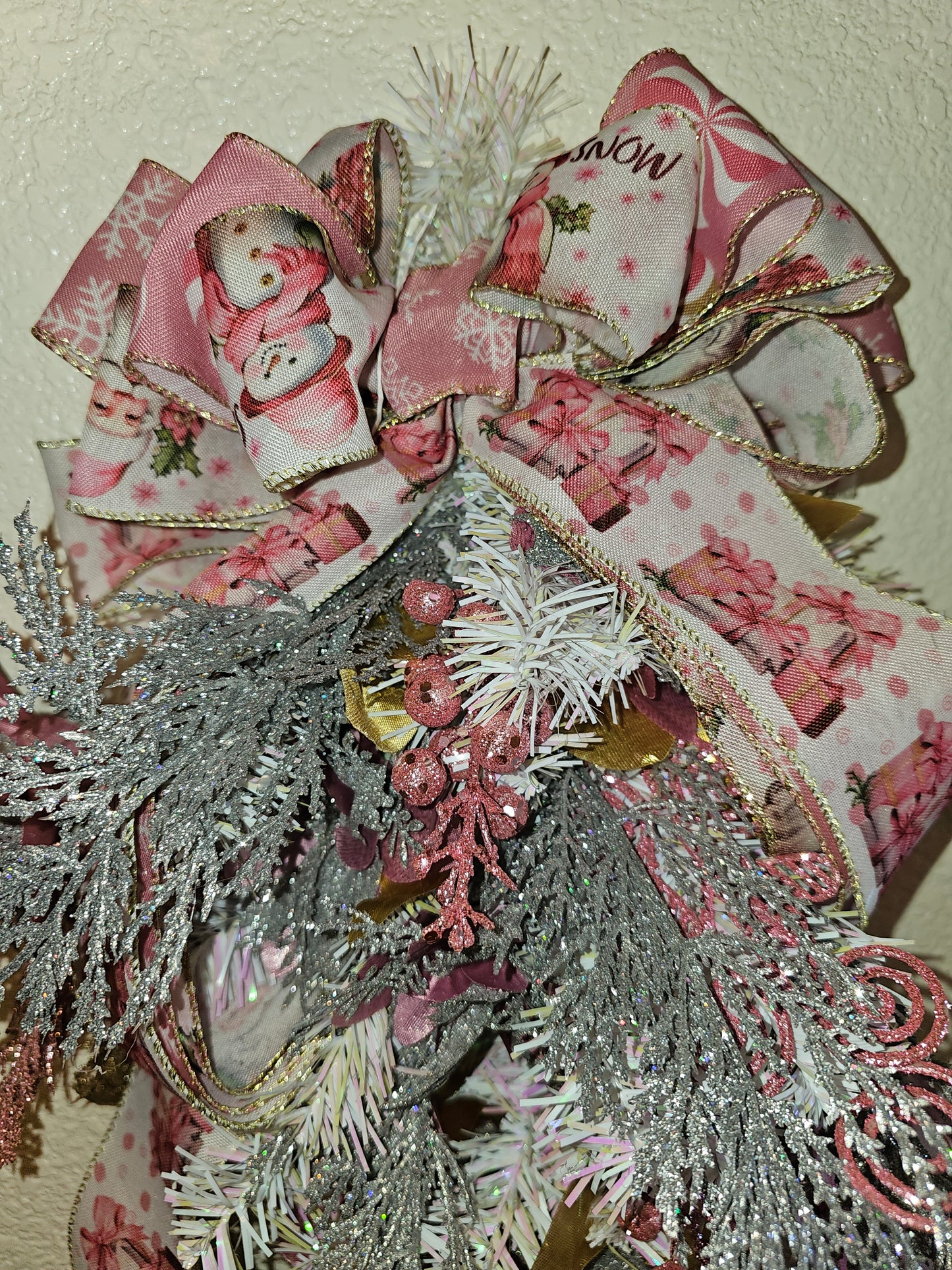 Pink and Silver Christmas Swag, Frosted Holiday Teardrop with Glitter Accents and Bow, Elegant Winter Door Decor