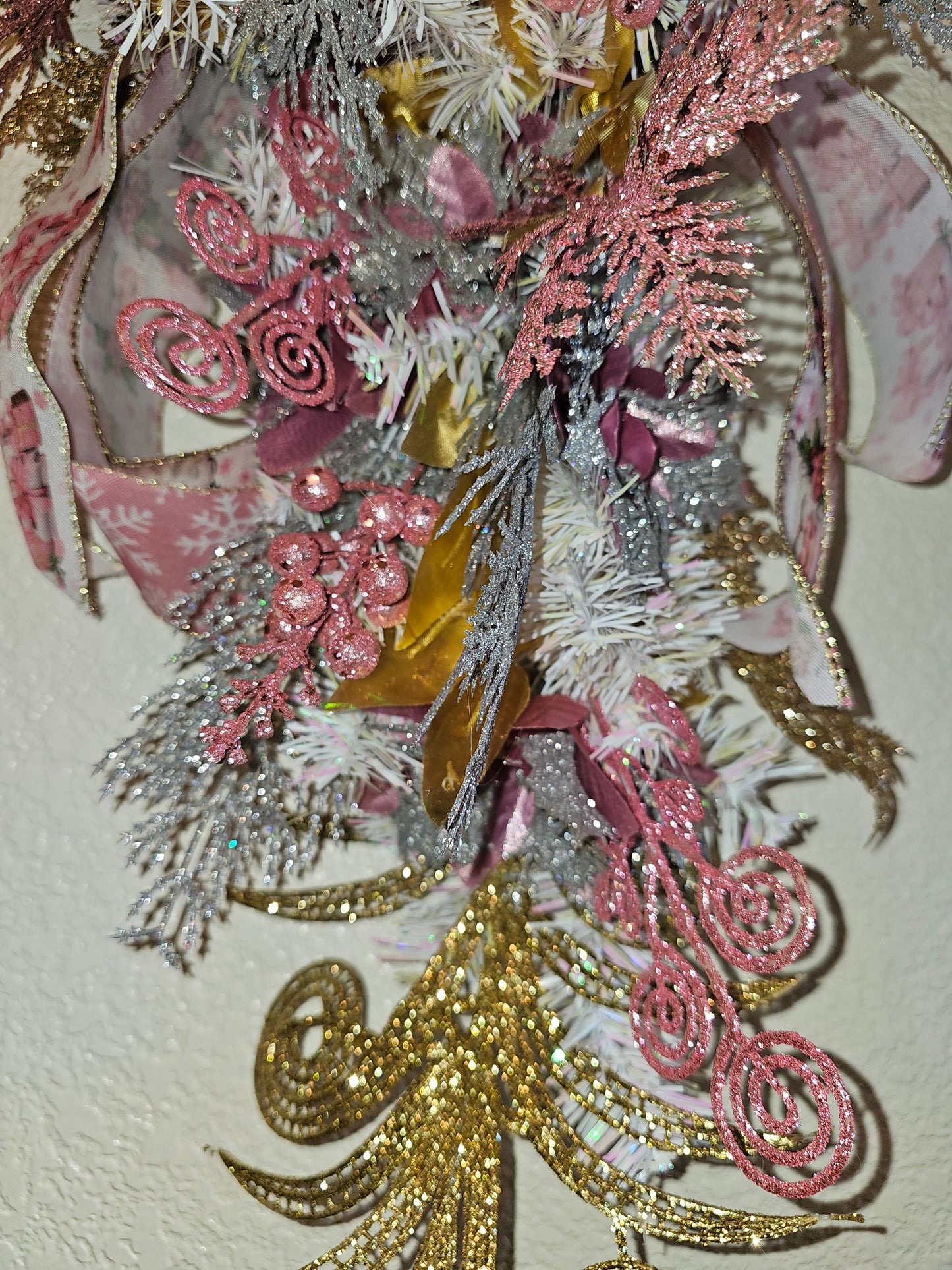 Pink and Silver Christmas Swag, Frosted Holiday Teardrop with Glitter Accents and Bow, Elegant Winter Door Decor