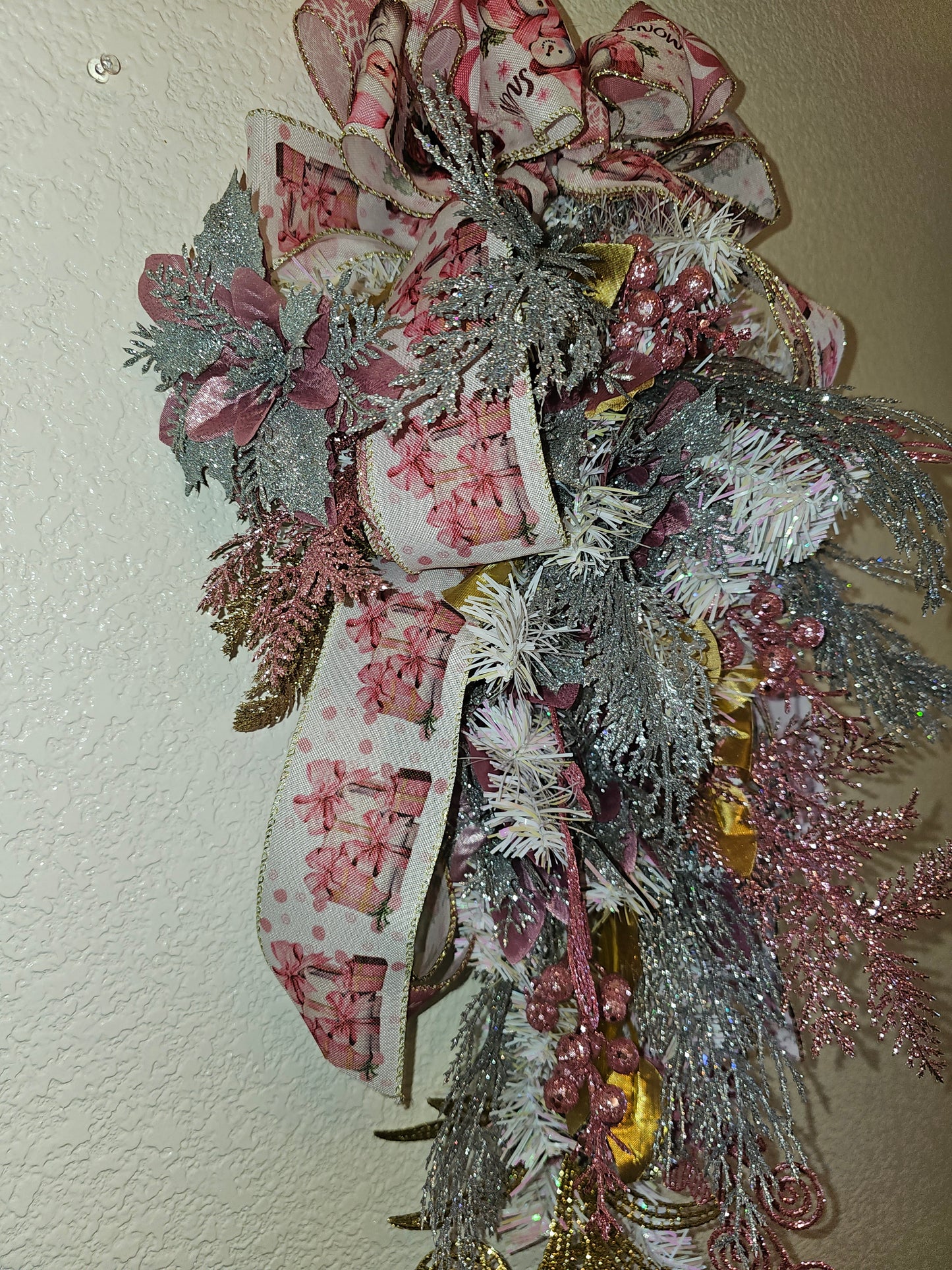 Pink and Silver Christmas Swag, Frosted Holiday Teardrop with Glitter Accents and Bow, Elegant Winter Door Decor