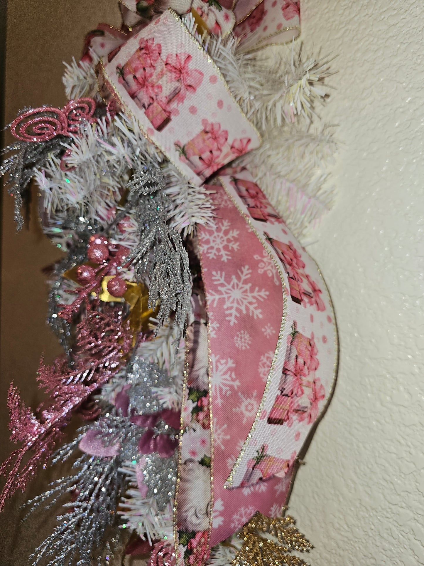 Pink and Silver Christmas Swag, Frosted Holiday Teardrop with Glitter Accents and Bow, Elegant Winter Door Decor