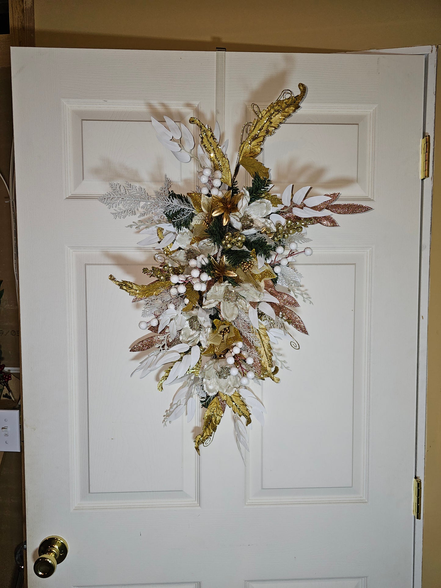 Elegant 30–33" Holiday Swag, Gold & White Christmas Door Swag, Winter Floral Décor with Glitter Accents
