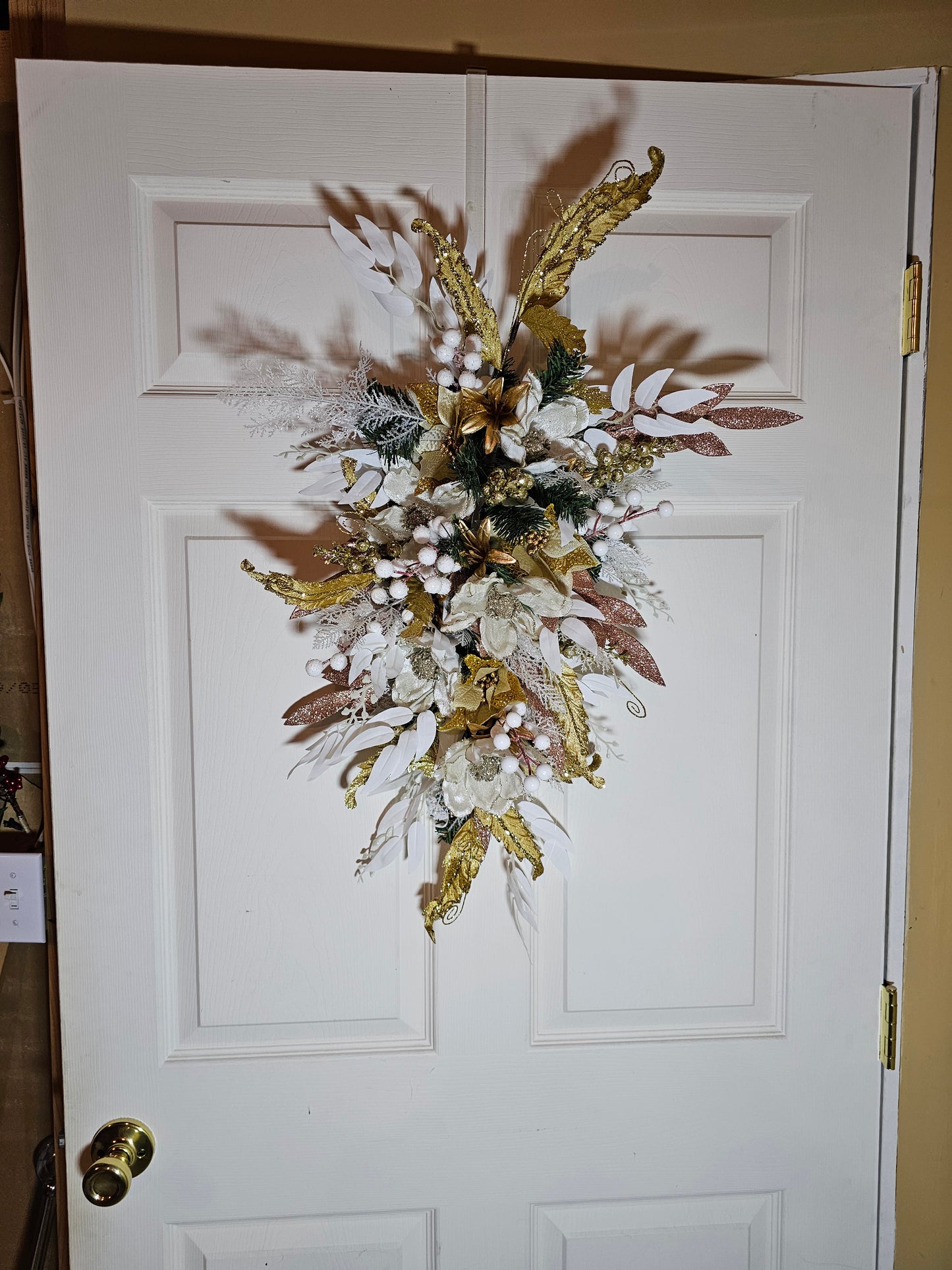 Elegant 30–33" Holiday Swag, Gold & White Christmas Door Swag, Winter Floral Décor with Glitter Accents