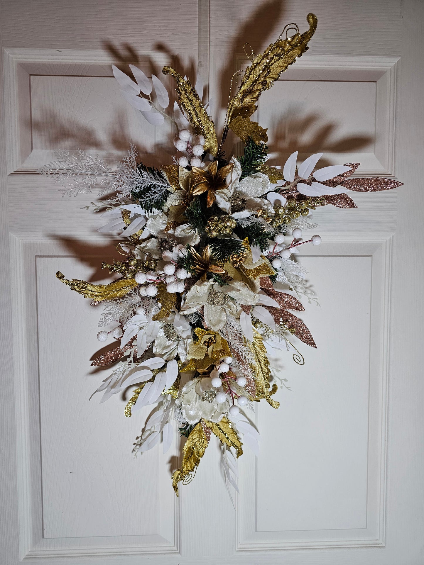 Elegant 30–33" Holiday Swag, Gold & White Christmas Door Swag, Winter Floral Décor with Glitter Accents