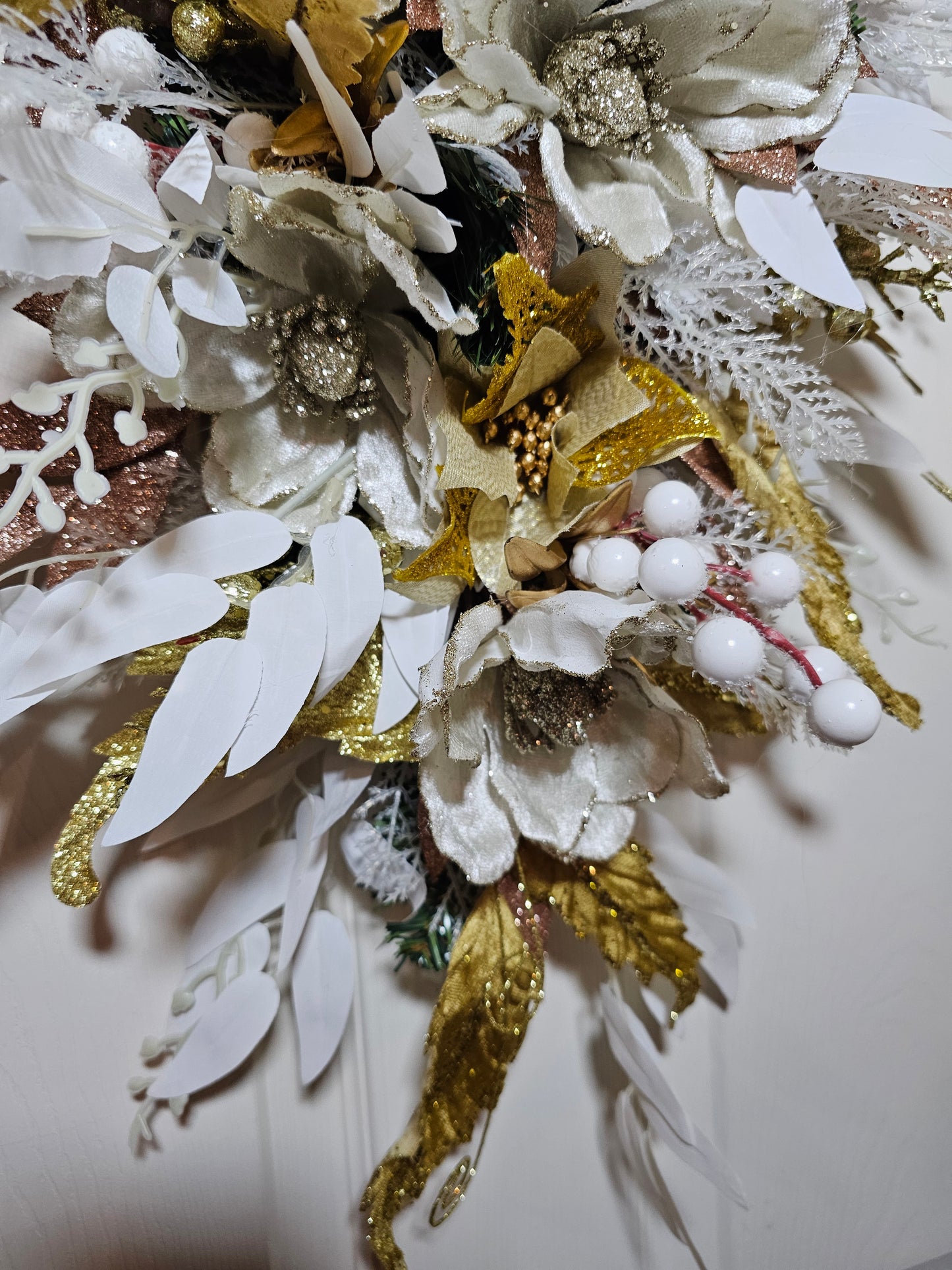 Elegant 30–33" Holiday Swag, Gold & White Christmas Door Swag, Winter Floral Décor with Glitter Accents
