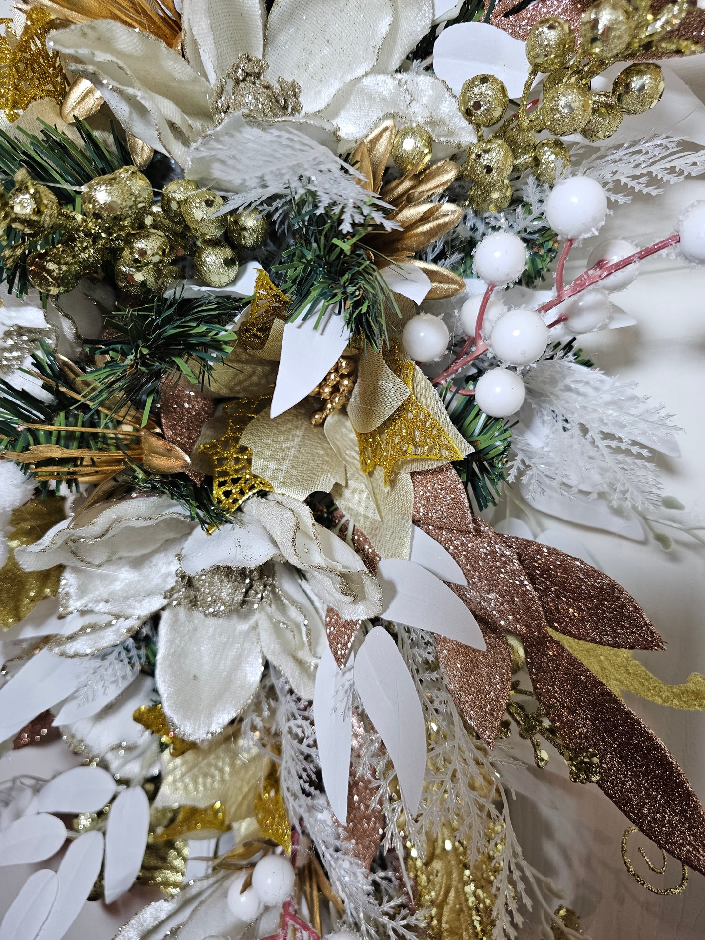 Elegant 30–33" Holiday Swag, Gold & White Christmas Door Swag, Winter Floral Décor with Glitter Accents