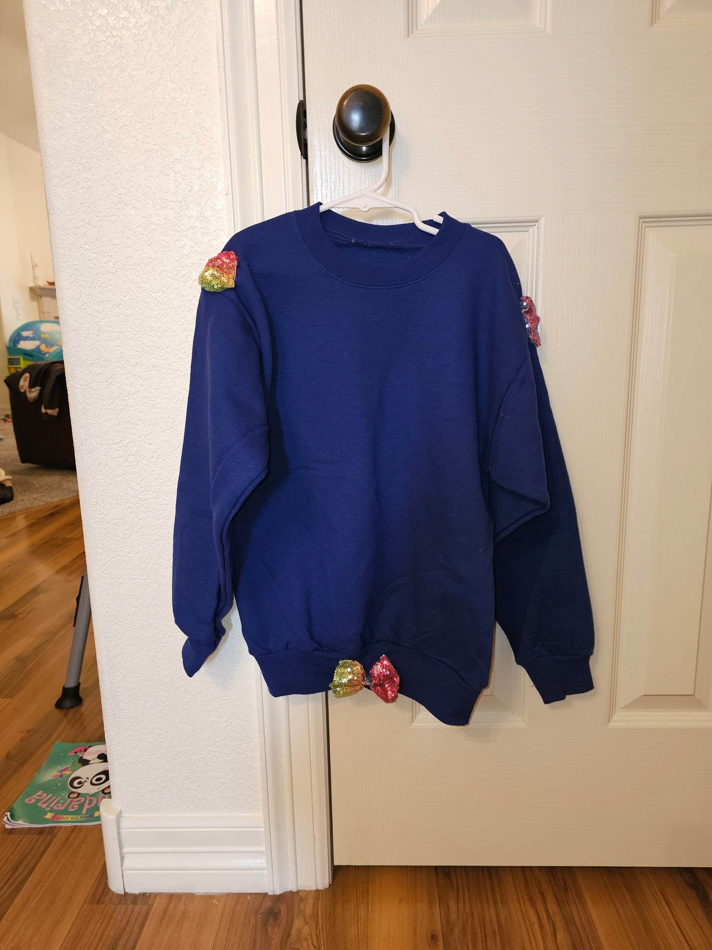 Kids Blue Sweatshirt with Sequin Bows, Handmade Pullover, Youth Size Medium, Bright and Playful Hoodie Alternative