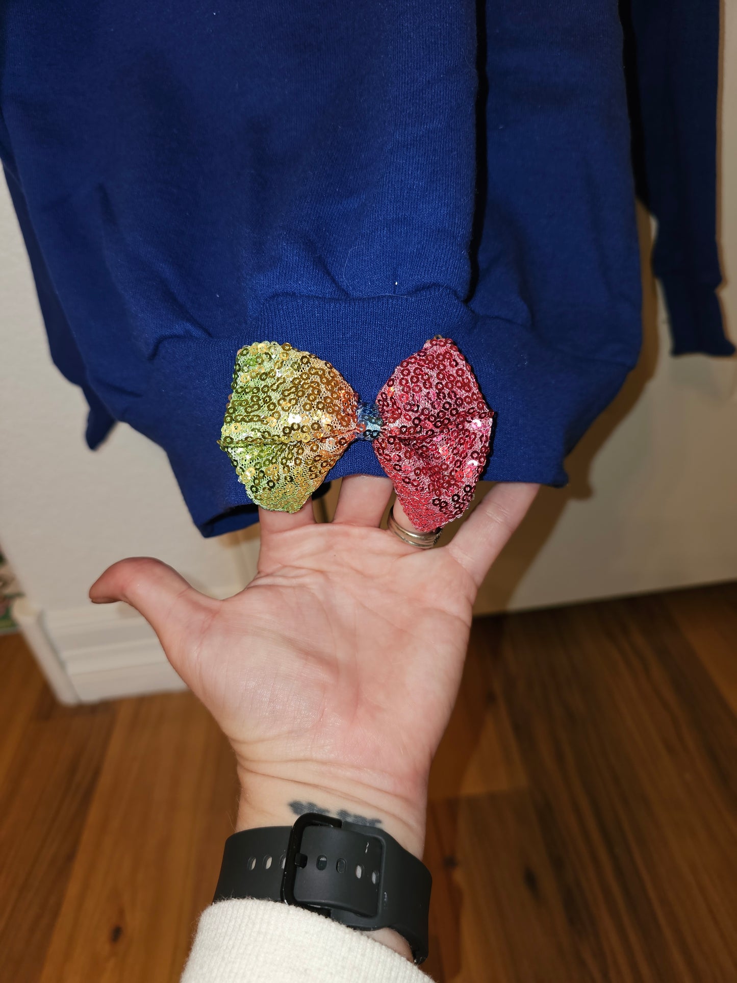 Kids Blue Sweatshirt with Sequin Bows, Handmade Pullover, Youth Size Medium, Bright and Playful Hoodie Alternative