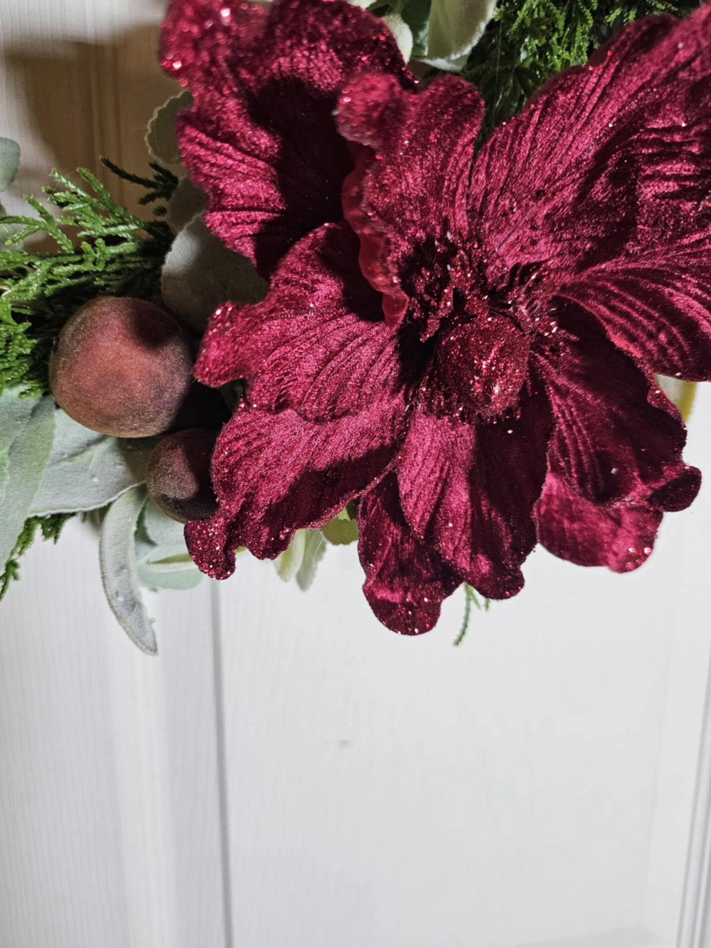 Burgundy & Gold Winter Magnolia Wreath – Handmade Holiday Door Decor