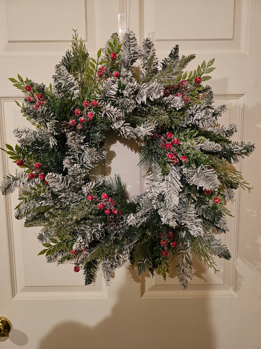 Flocked Christmas Wreath with Red Berries, Winter Holiday Door Decor, Snowy Pine Wreath for Front Door Decoration