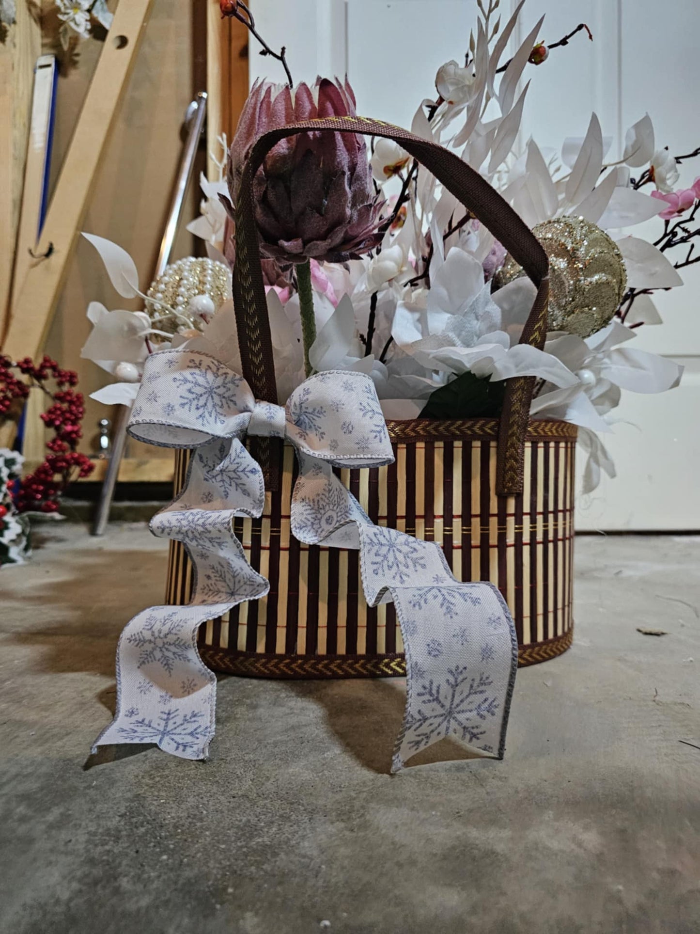 Handmade Winter Centerpiece – Holiday Basket Arrangement with Frosted Pine, Berries & Bow