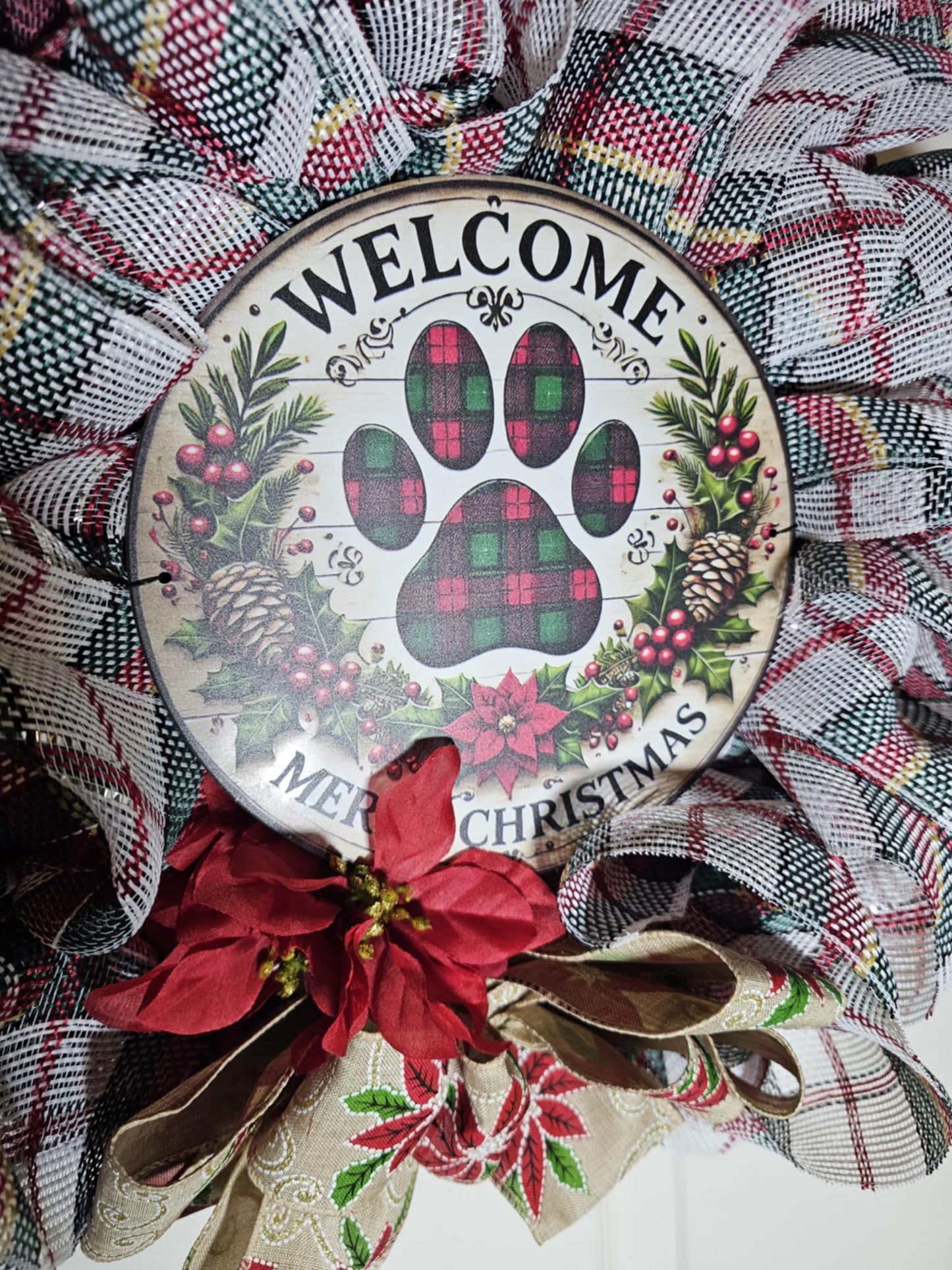 Plaid Paw Print Christmas Wreath – Handmade Holiday Door Decor