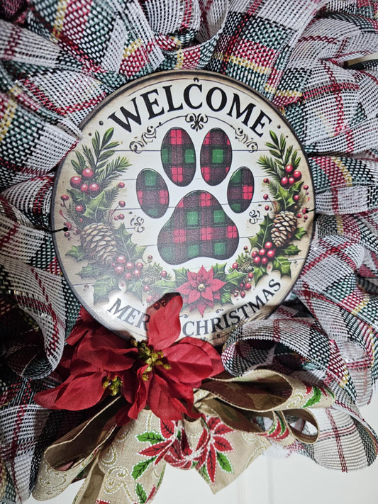 Plaid Paw Print Christmas Wreath – Handmade Holiday Door Decor