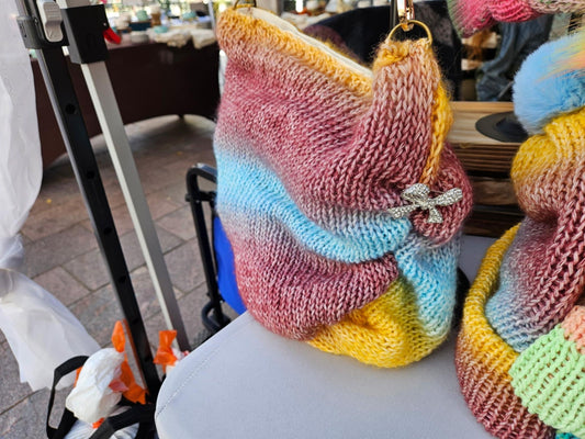 Hand-Knitted Pastel Purse with Rhinestone Bow – Handmade Bag by Look or Wear Bows