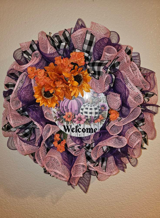 Purple & Pink Mesh Fall Wreath with Sunflowers | Buffalo Plaid Pumpkin Welcome Door Decor | Autumn Farmhouse Accent