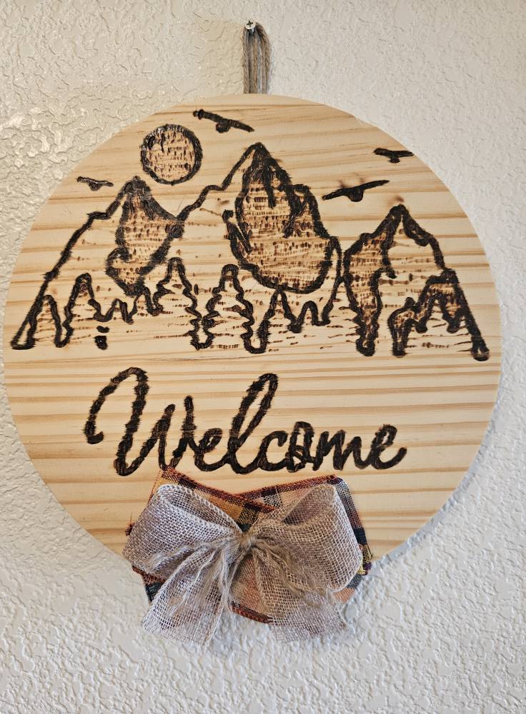 Rustic Wood-Burned Welcome Door Hanger with Bow Handmade Front Door Sign Farmhouse Entry Decor
