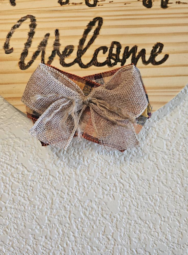 Rustic Wood-Burned Welcome Door Hanger with Bow Handmade Front Door Sign Farmhouse Entry Decor