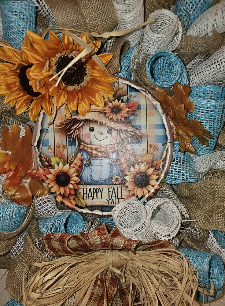 Rustic Fall Scarecrow Wreath with Sunflowers | Burlap & Mesh Autumn Door Décor | Farmhouse Thanksgiving Wall Hanging