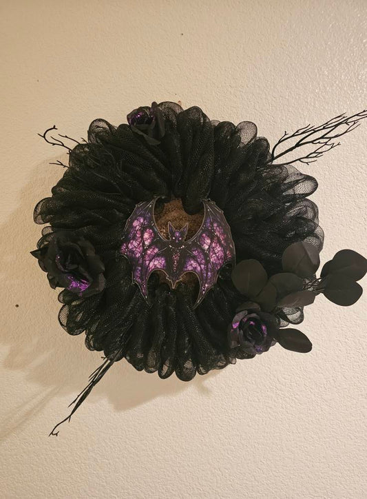 Gothic Halloween Bat Wreath | Black Mesh Wreath with Purple Bat & Roses | Spooky Front Door Décor