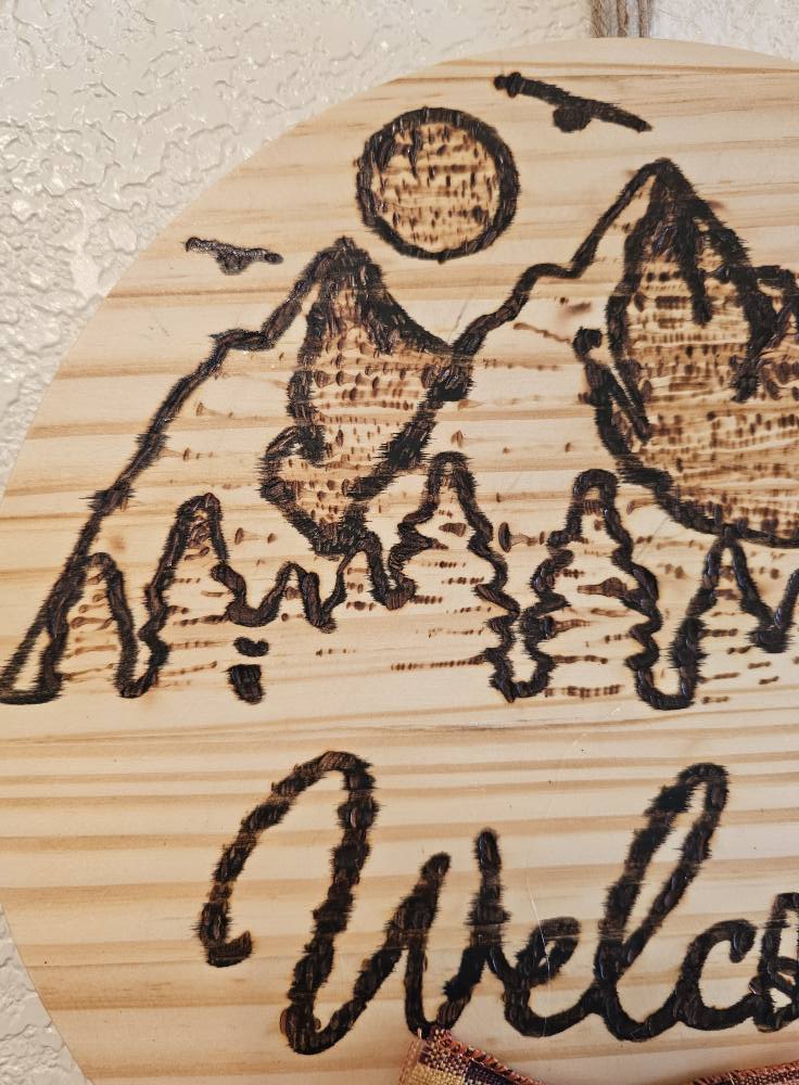 Rustic Wood-Burned Welcome Door Hanger with Bow Handmade Front Door Sign Farmhouse Entry Decor