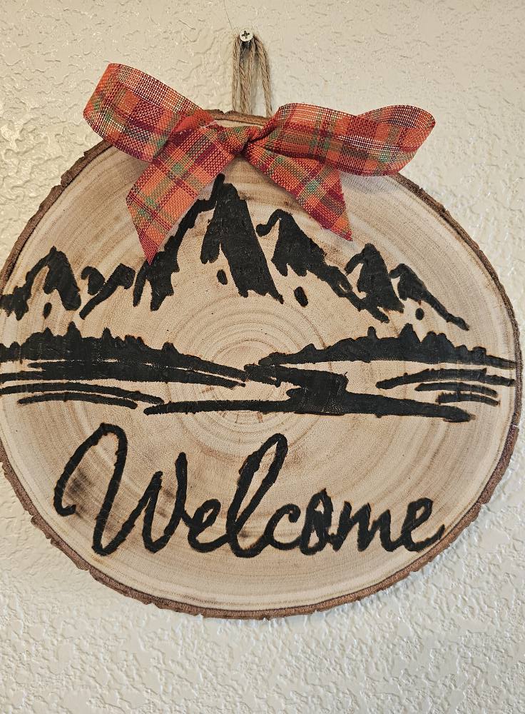 Rustic Wood-Burned Welcome Door Hanger with Bow Handmade Front Door Sign Farmhouse Entry Decor
