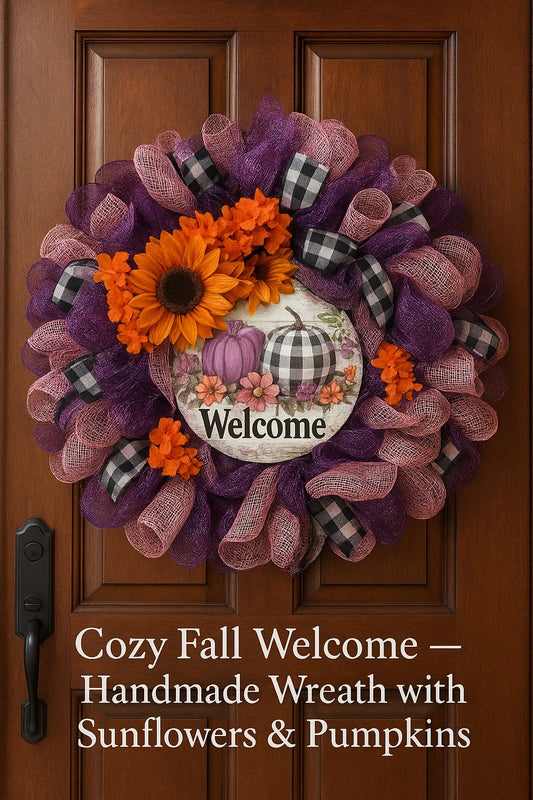Purple & Pink Mesh Fall Wreath with Sunflowers | Buffalo Plaid Pumpkin Welcome Door Decor | Autumn Farmhouse Accent