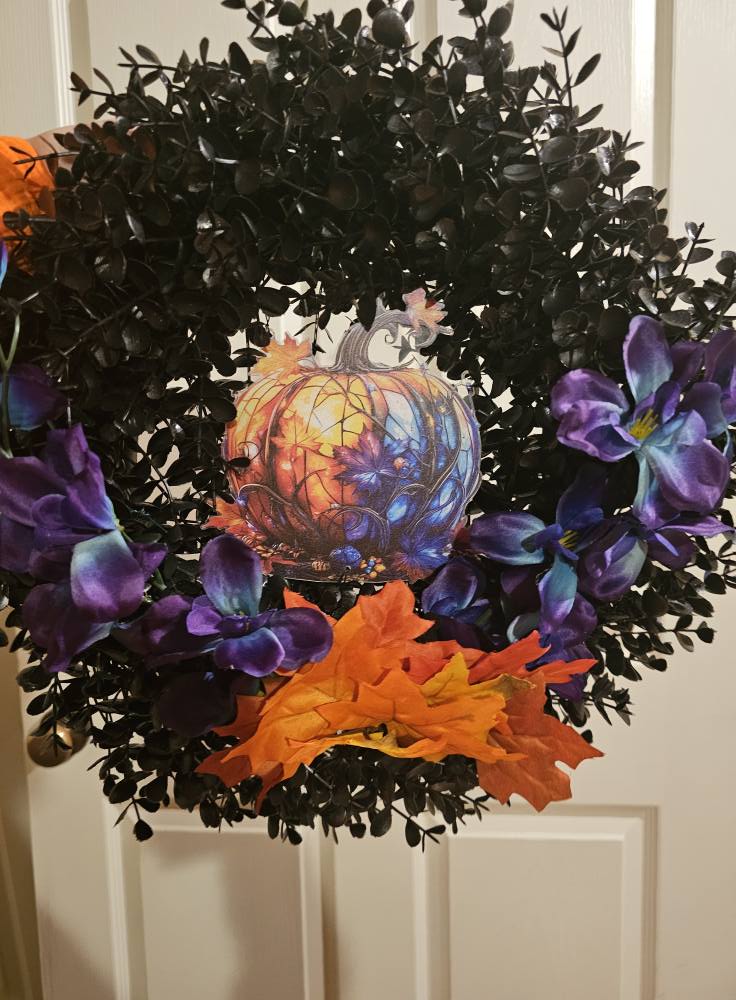 Halloween Pumpkin Wreath Black Leaf Base with Purple Florals and Orange Autumn Accents Spooky Fall Door Décor